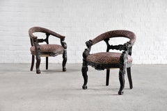 19th Century Carved Oak Tub Chairs with Leopard Print Upholstery, Set of 2