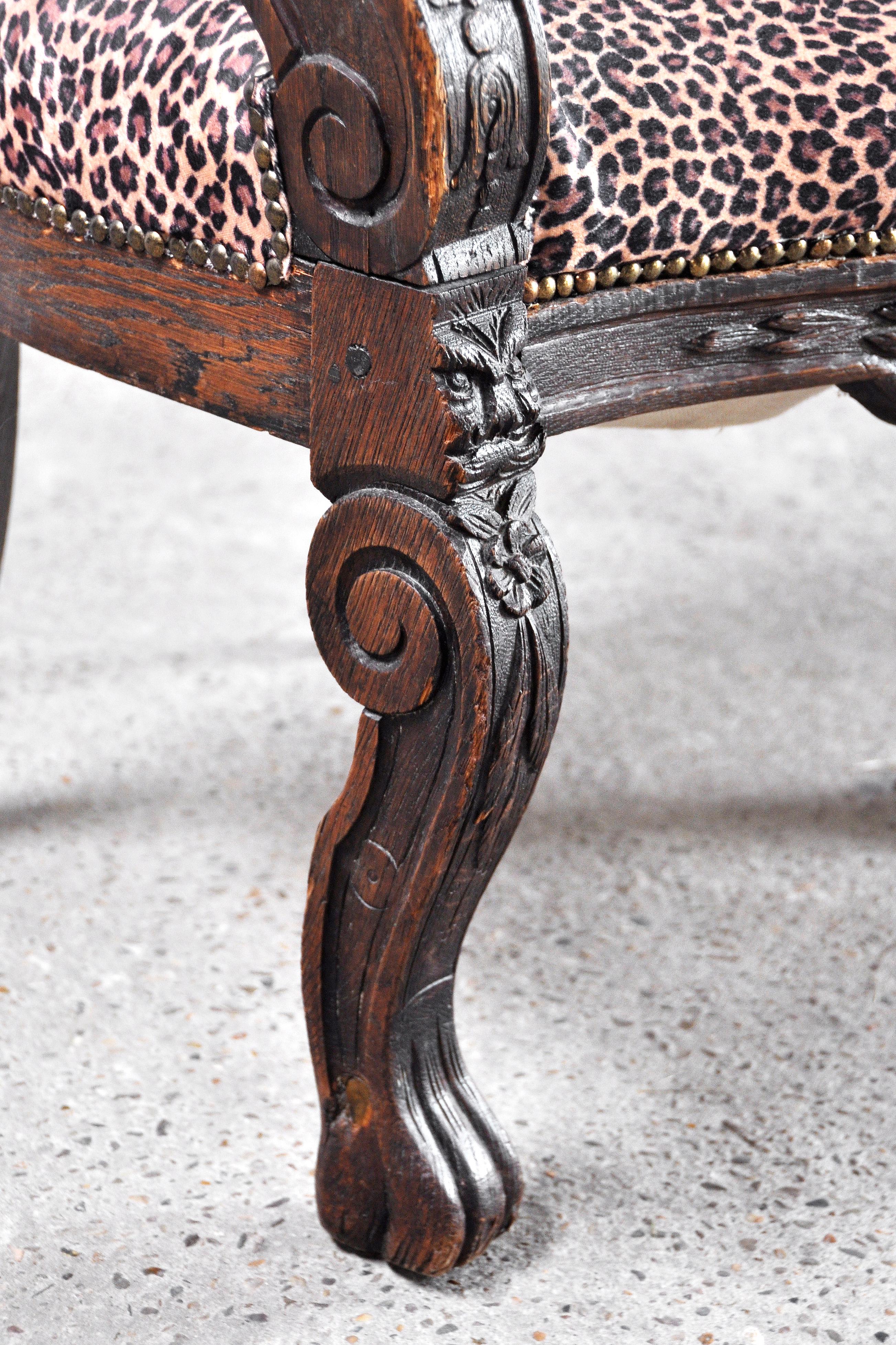 European 19th Century Carved Oak Tub Chairs with Leopard Print Upholstery, Set of 2 For Sale