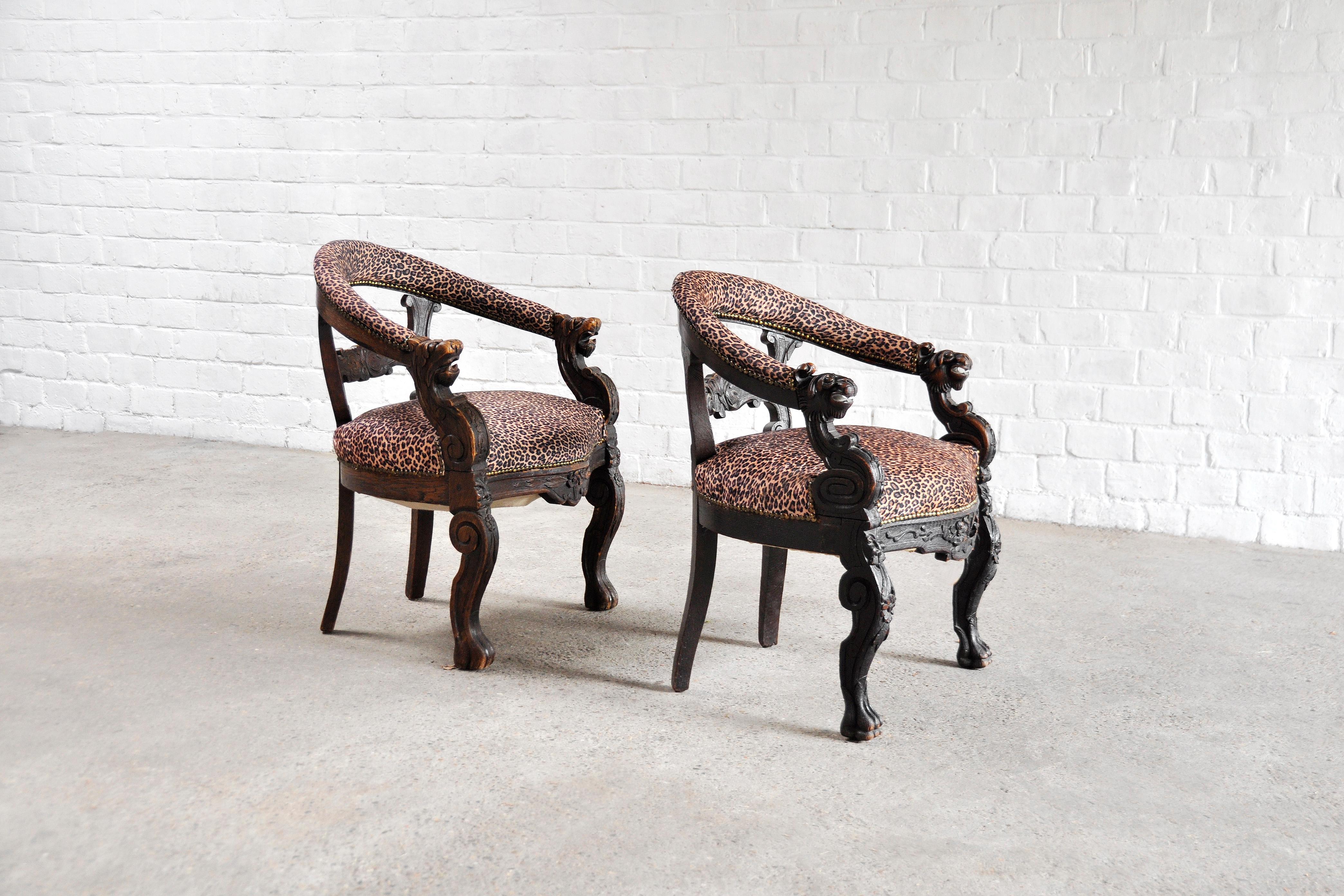 Late 19th Century 19th Century Carved Oak Tub Chairs with Leopard Print Upholstery, Set of 2 For Sale
