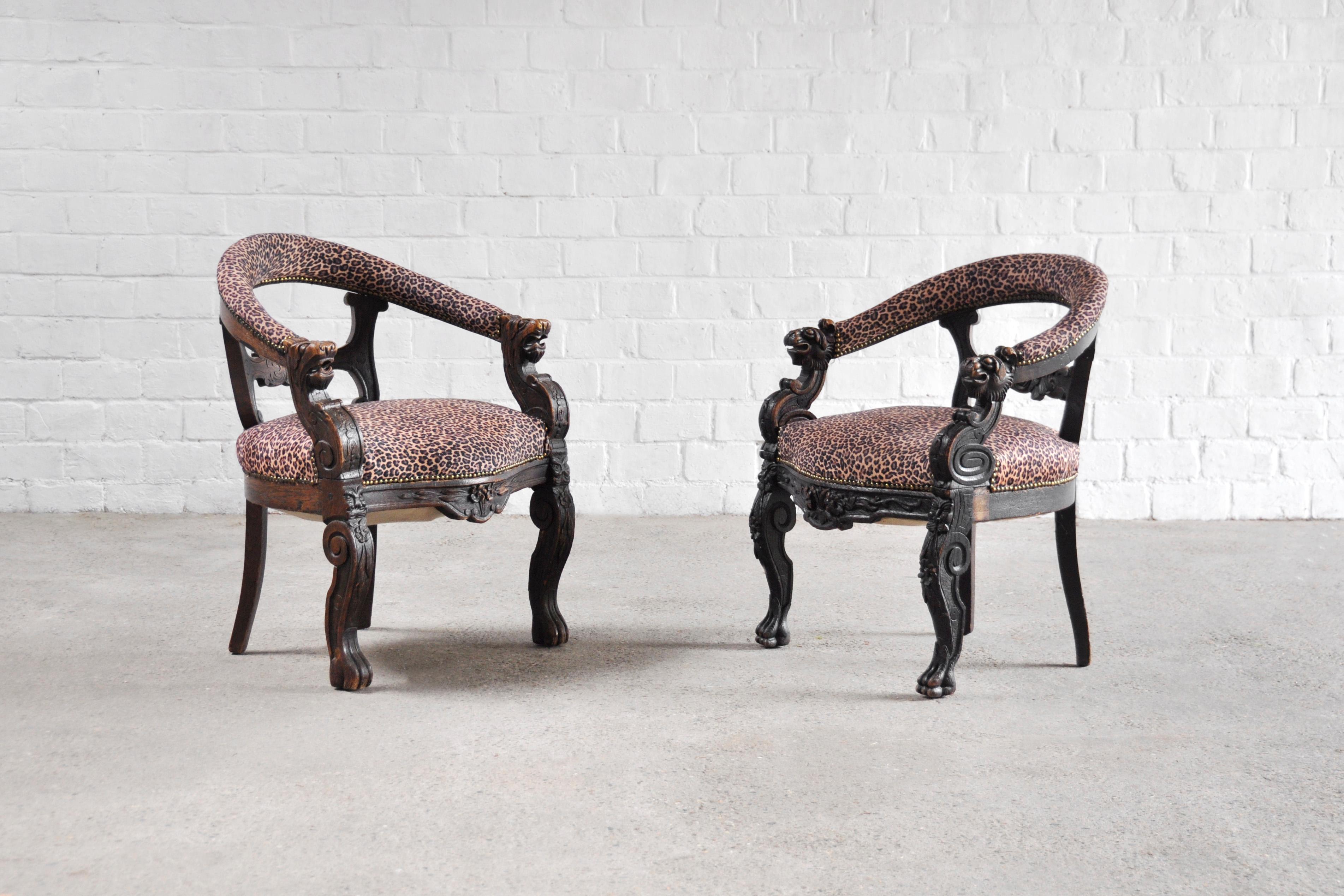 19th Century Carved Oak Tub Chairs with Leopard Print Upholstery, Set of 2 For Sale 1