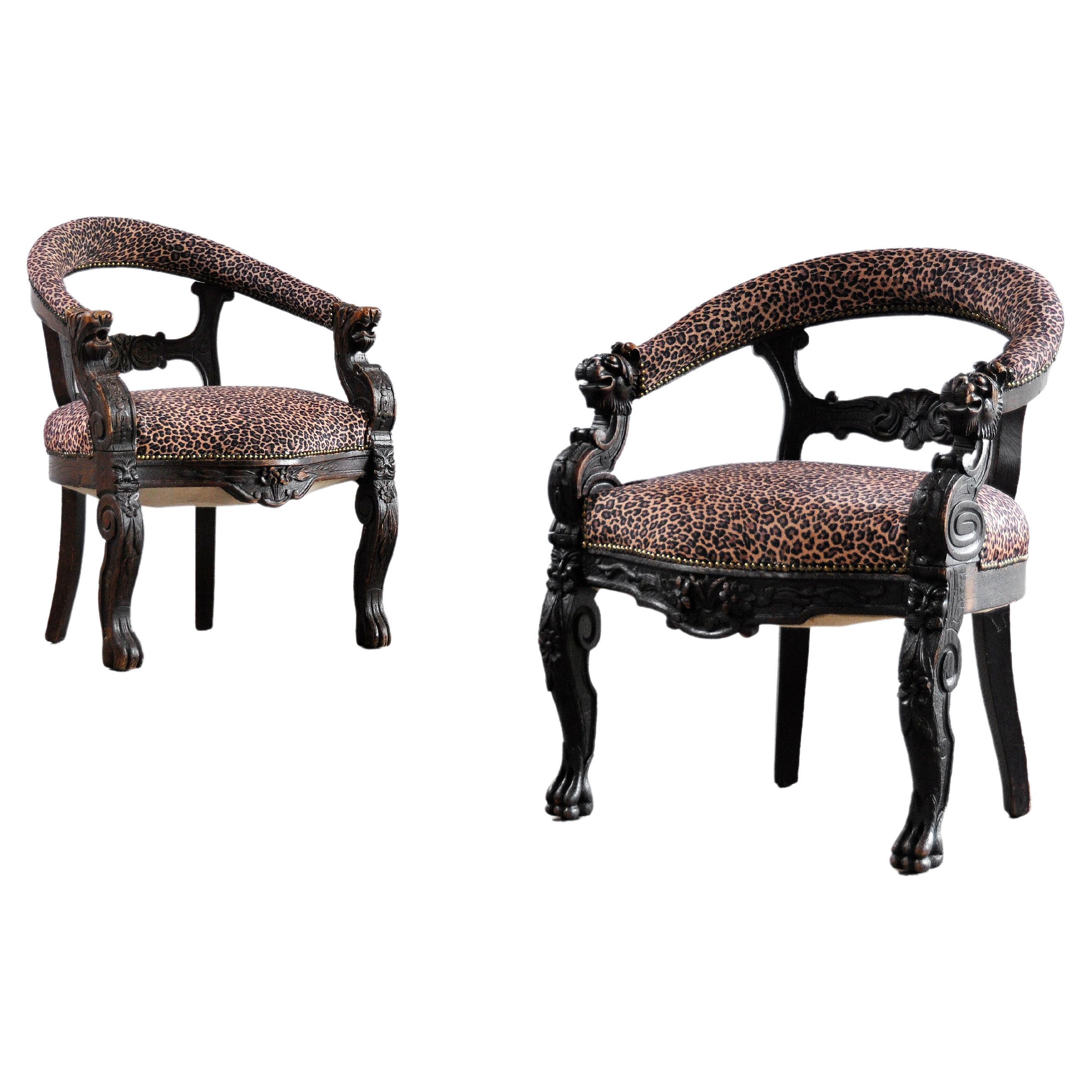 19th Century Carved Oak Tub Chairs with Leopard Print Upholstery, Set of 2 For Sale