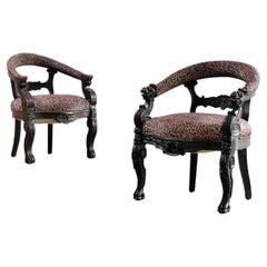 19th Century Carved Oak Tub Chairs with Leopard Print Upholstery, Set of 2