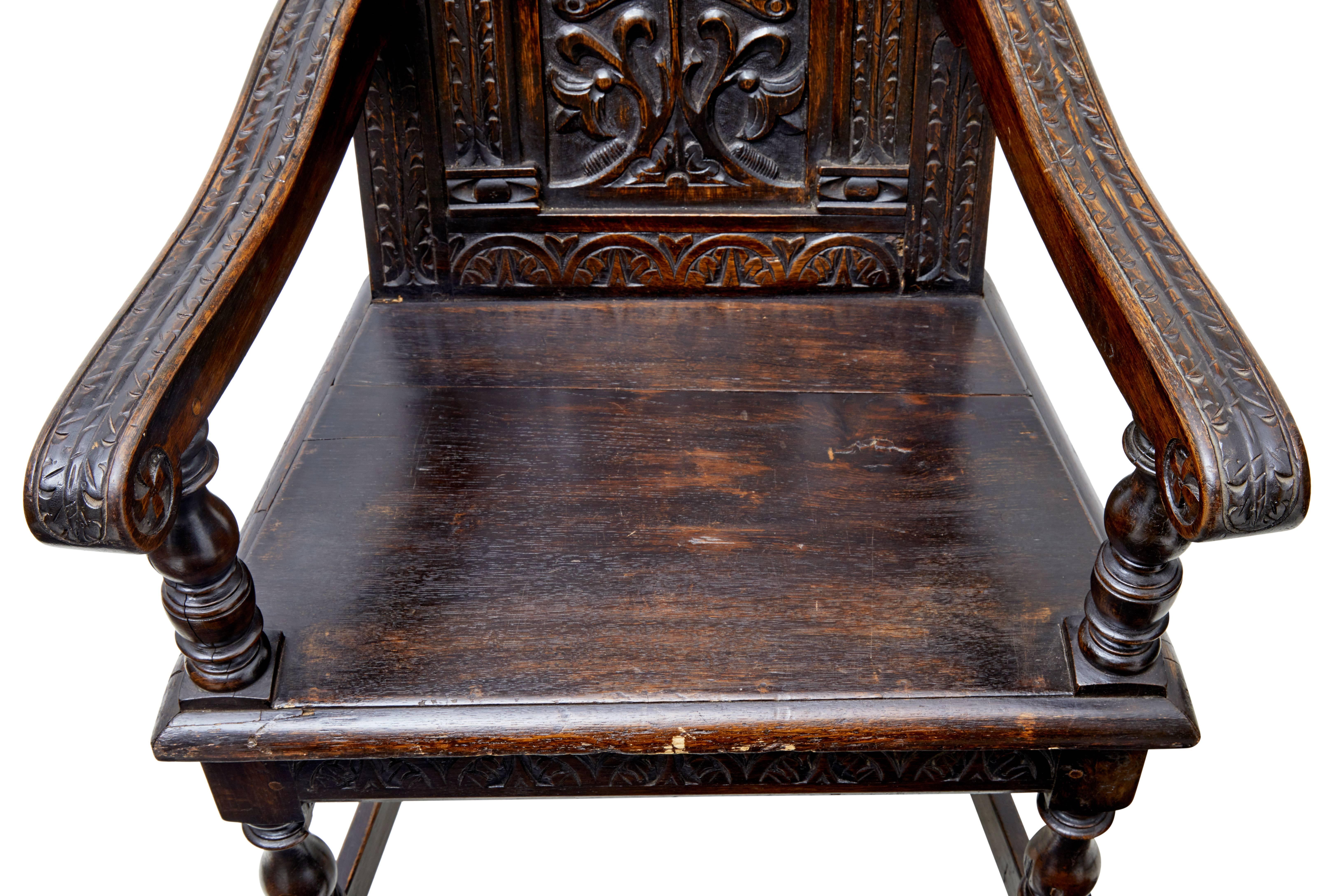 19th Century Carved Oak Wainscot Armchair In Good Condition In Debenham, Suffolk