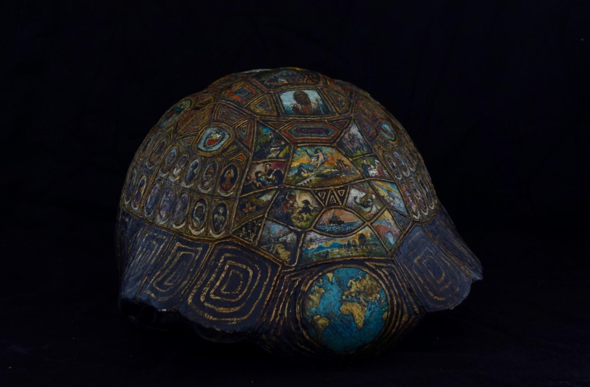19th-century Carved, Painted and Gilt tortoise shell, 'the Cosmic Turtle' For Sale 5