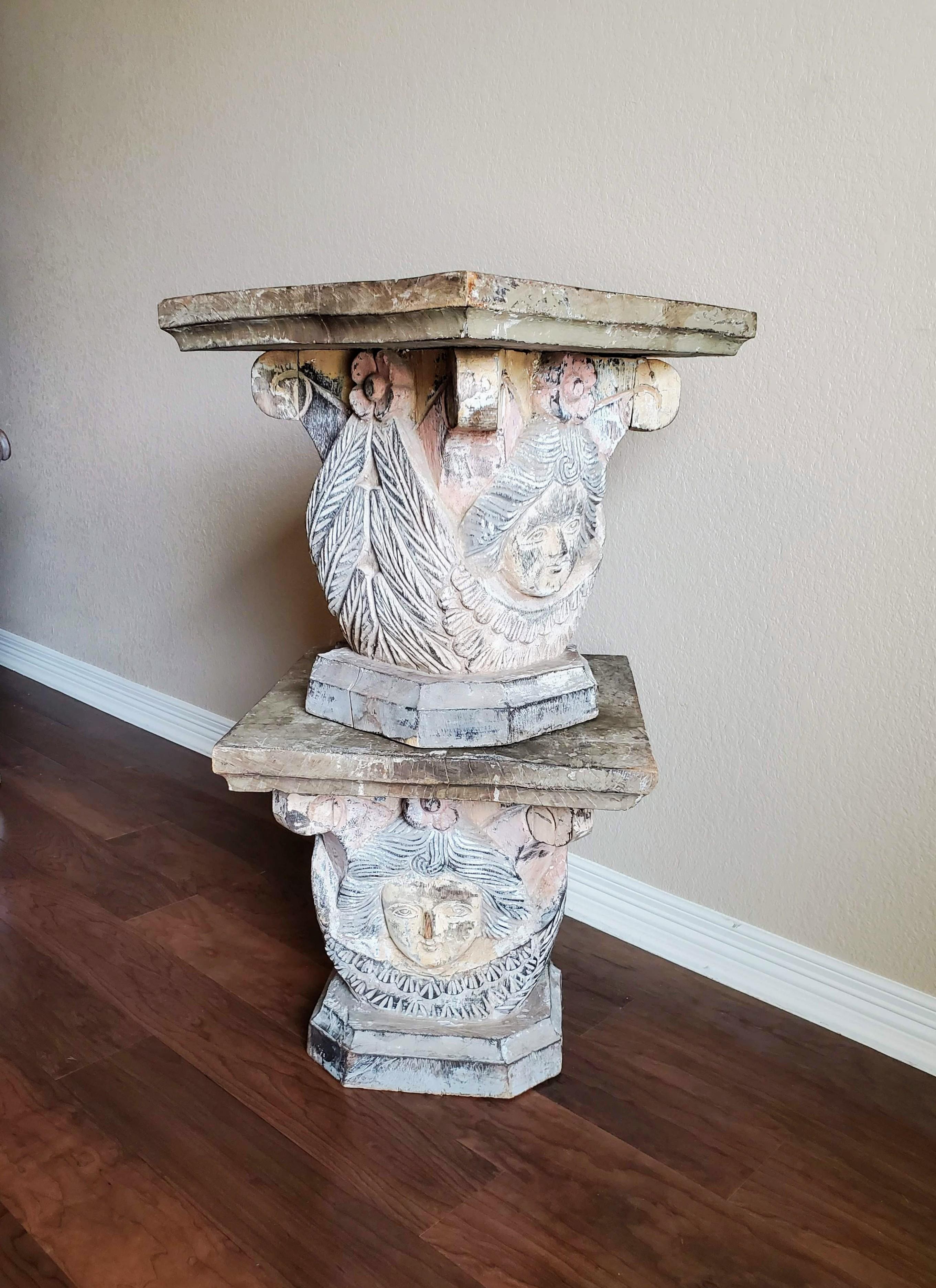 19th Century Baroque Carved Polychromed Architectural Column Capital Table Pair For Sale 4