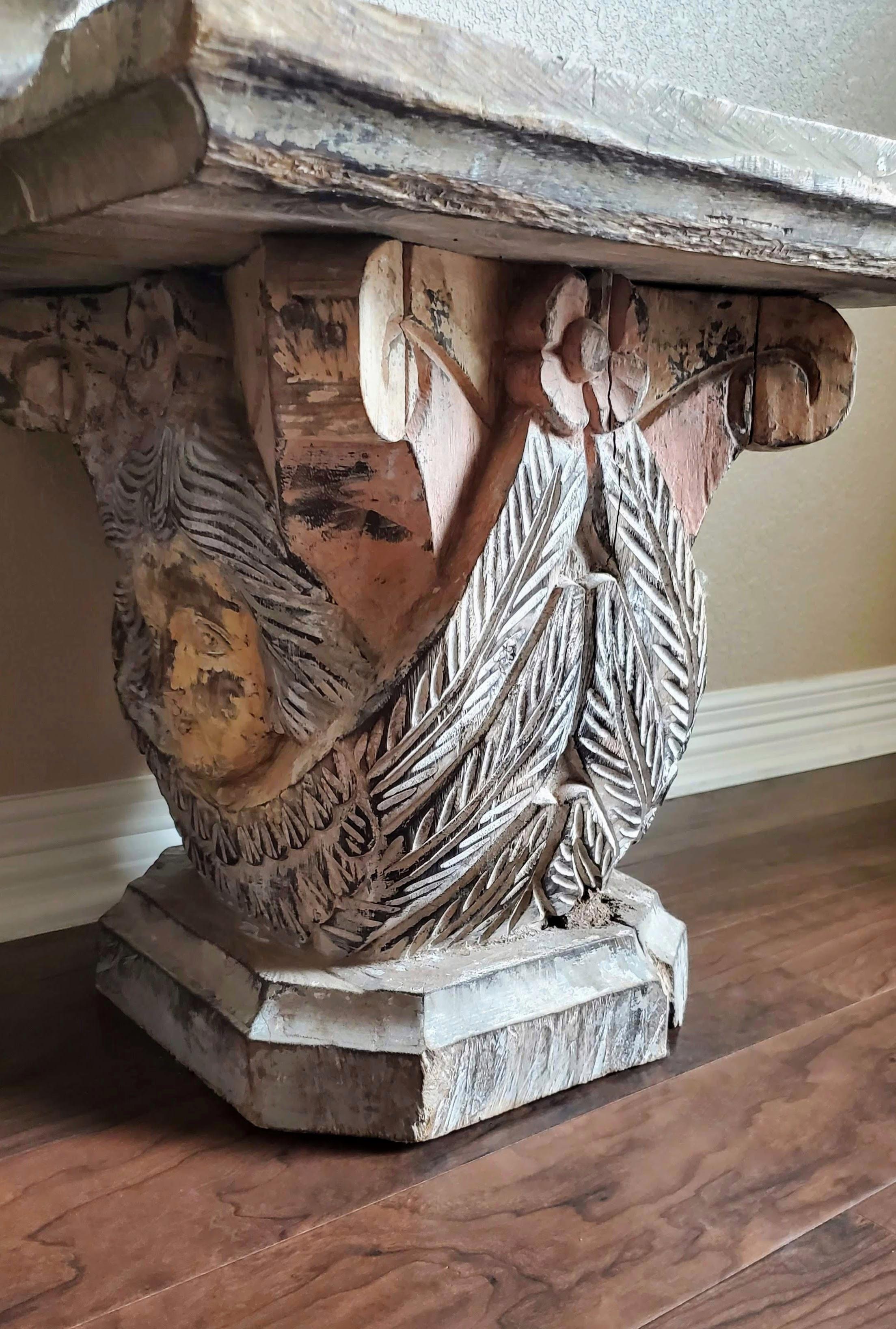 19th Century Baroque Carved Polychromed Architectural Column Capital Table Pair For Sale 11