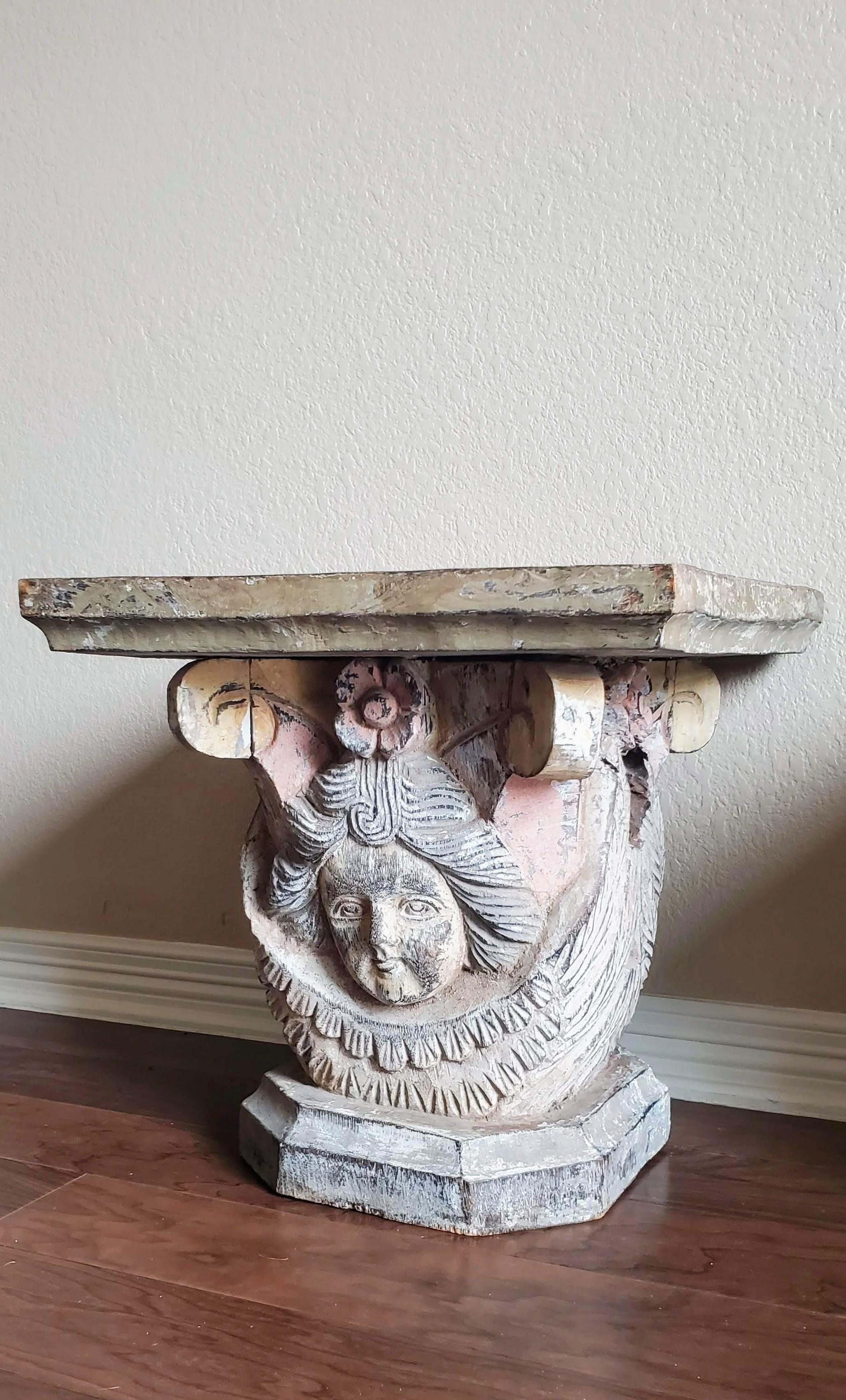 19th Century Baroque Carved Polychromed Architectural Column Capital Table Pair For Sale 13
