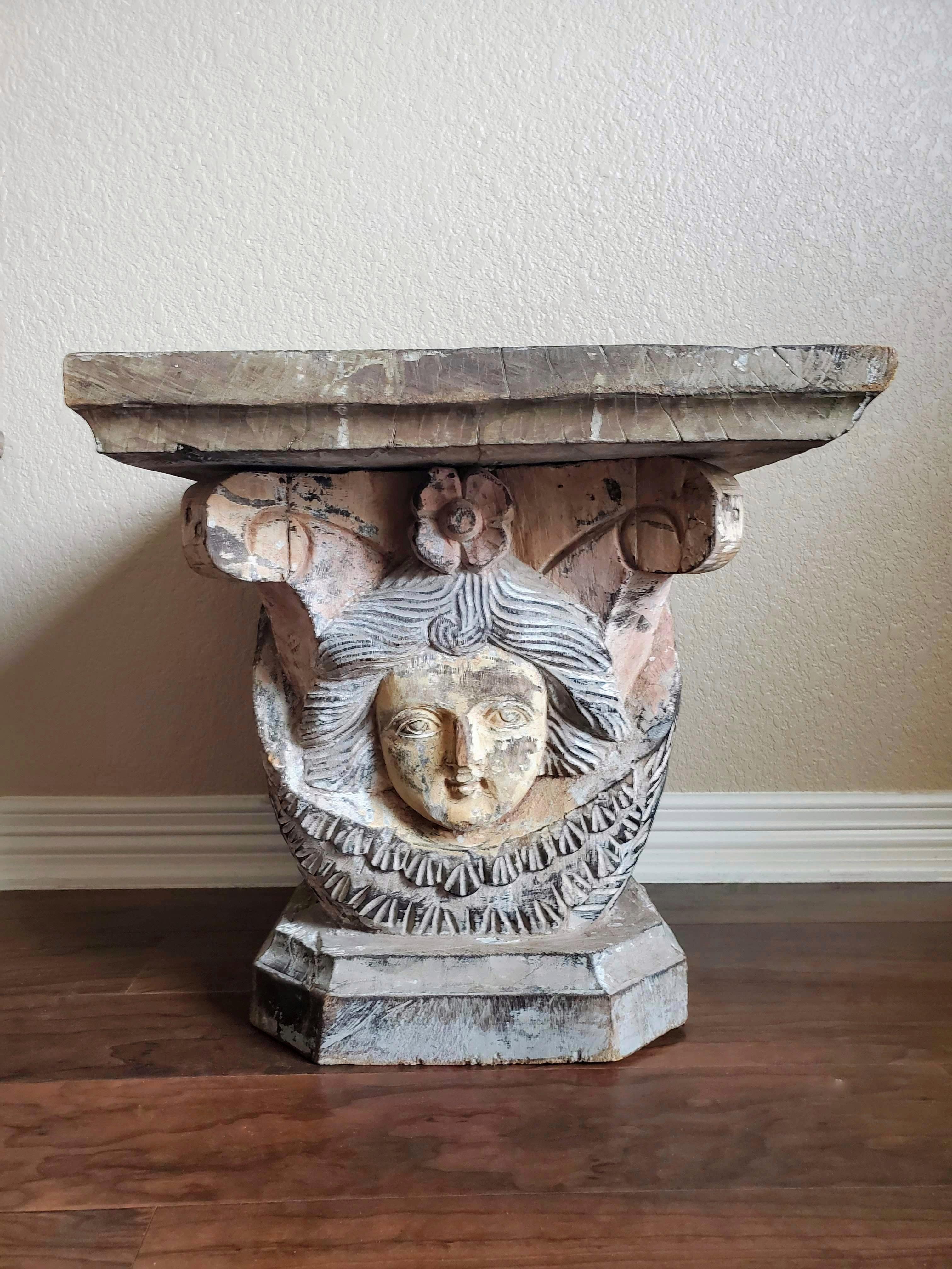 19th Century Baroque Carved Polychromed Architectural Column Capital Table Pair For Sale 14
