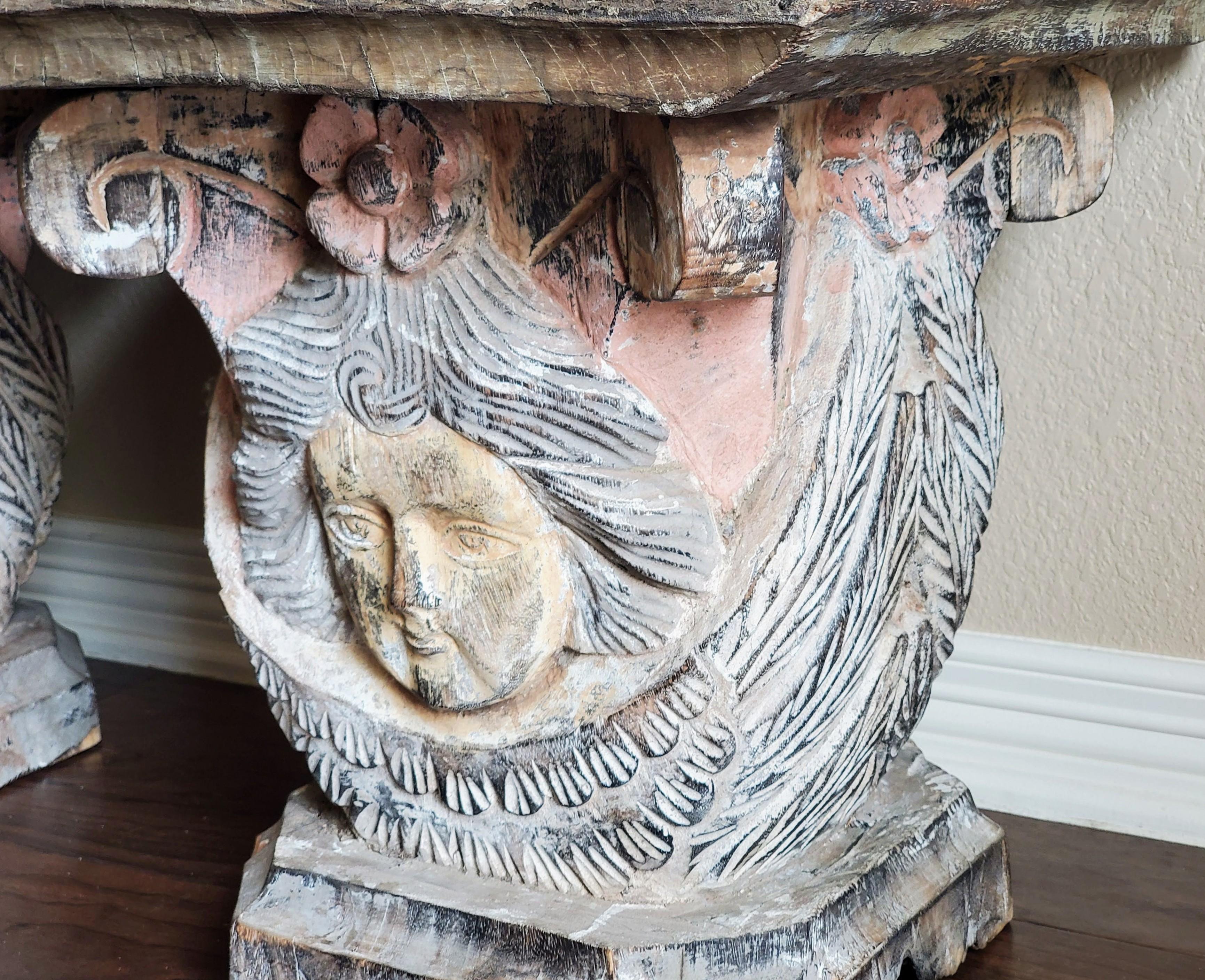 Folk Art 19th Century Baroque Carved Polychromed Architectural Column Capital Table Pair For Sale