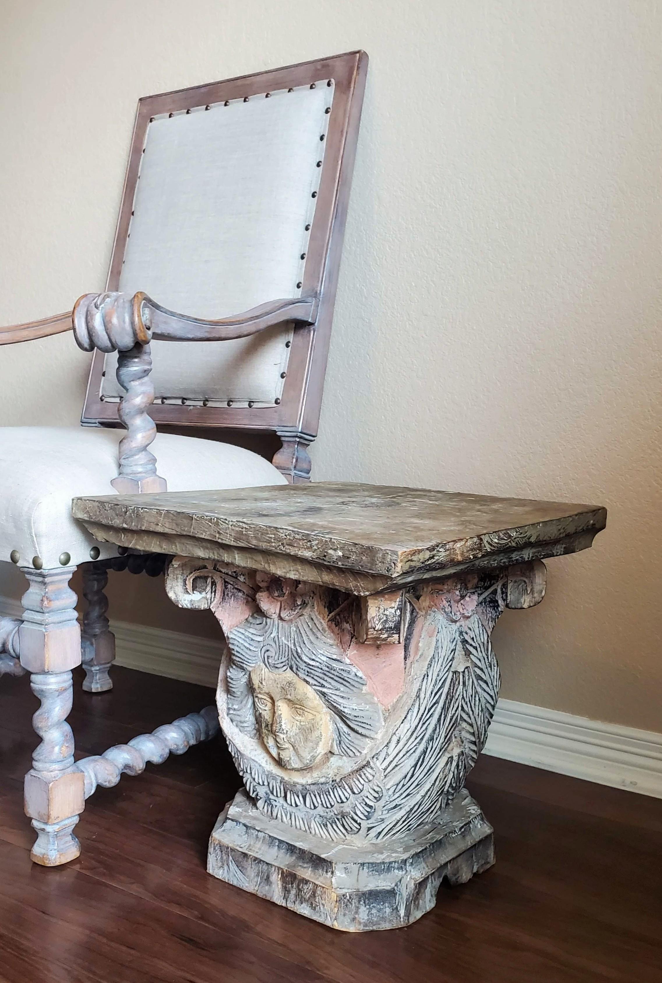 19th Century Baroque Carved Polychromed Architectural Column Capital Table Pair In Good Condition For Sale In Forney, TX
