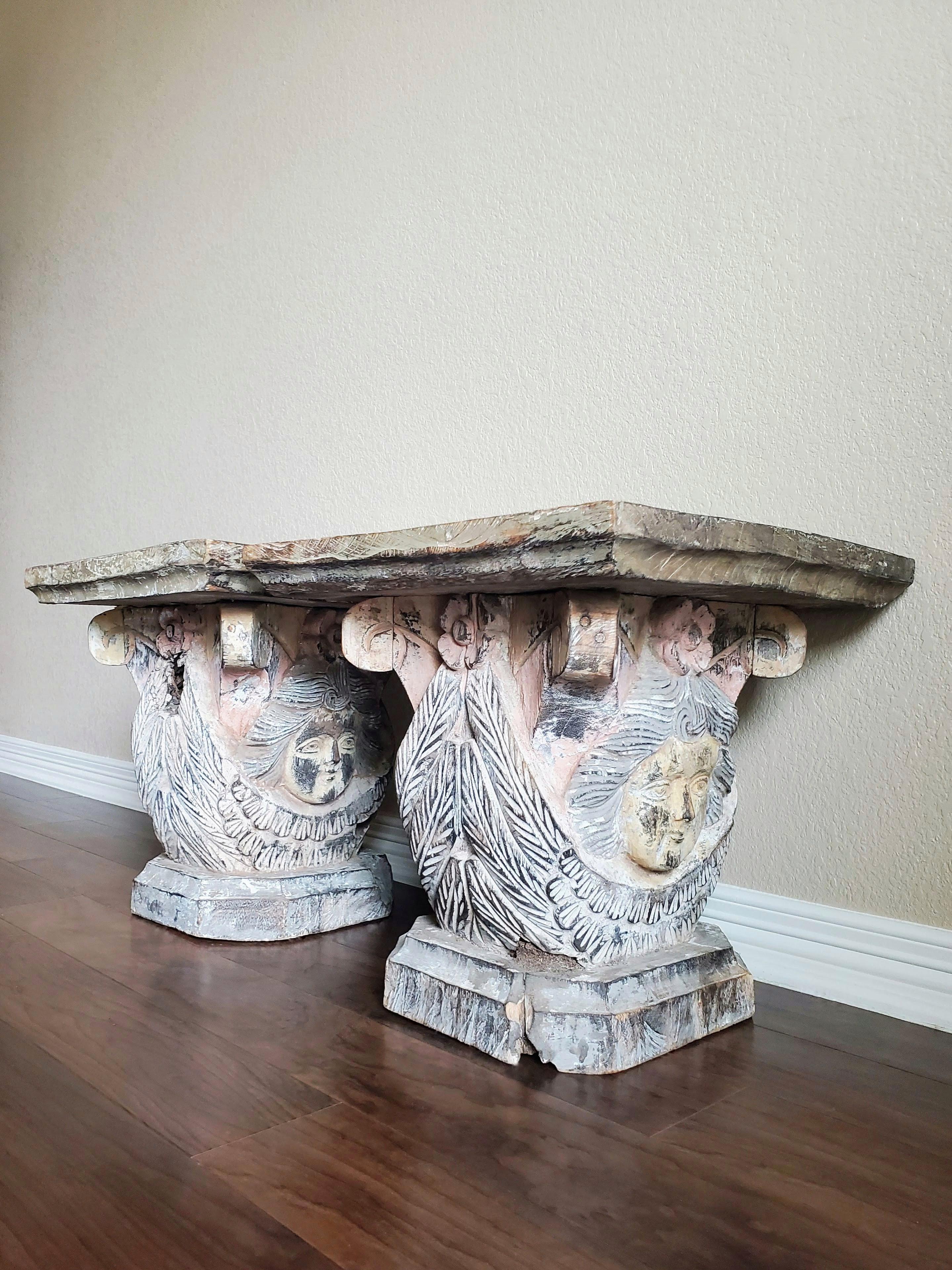 19th Century Baroque Carved Polychromed Architectural Column Capital Table Pair For Sale 2