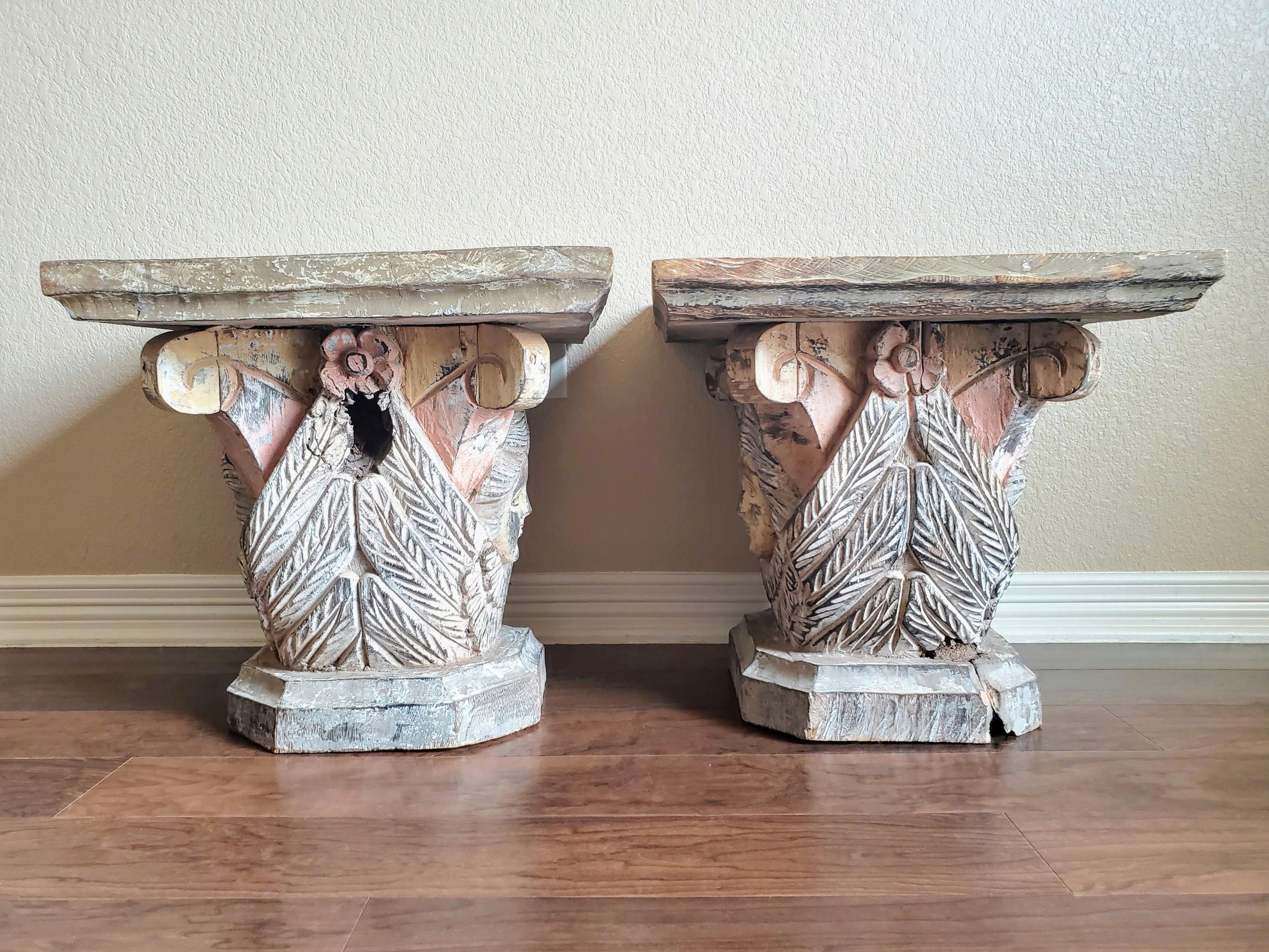 19th Century Baroque Carved Polychromed Architectural Column Capital Table Pair For Sale 3