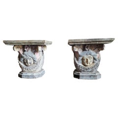 19th Century Baroque Carved Polychromed Architectural Column Capital Table Pair