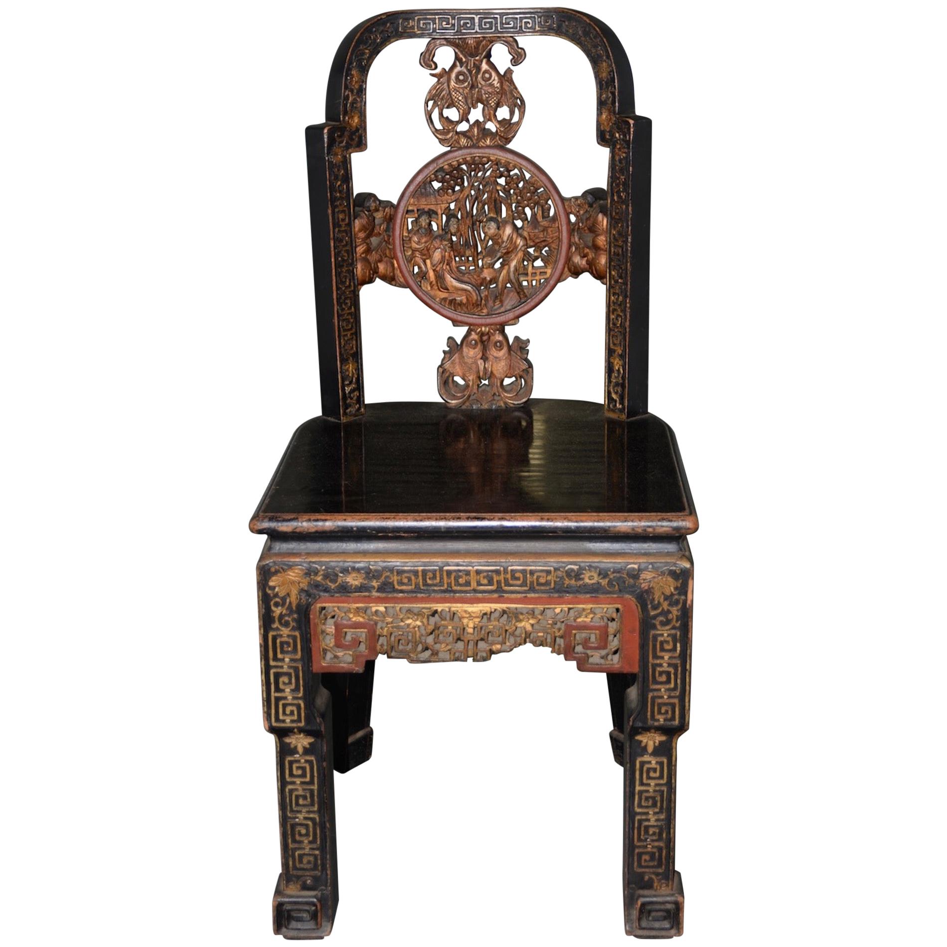 19th Century Carved & Painted Chinese Side Chair
