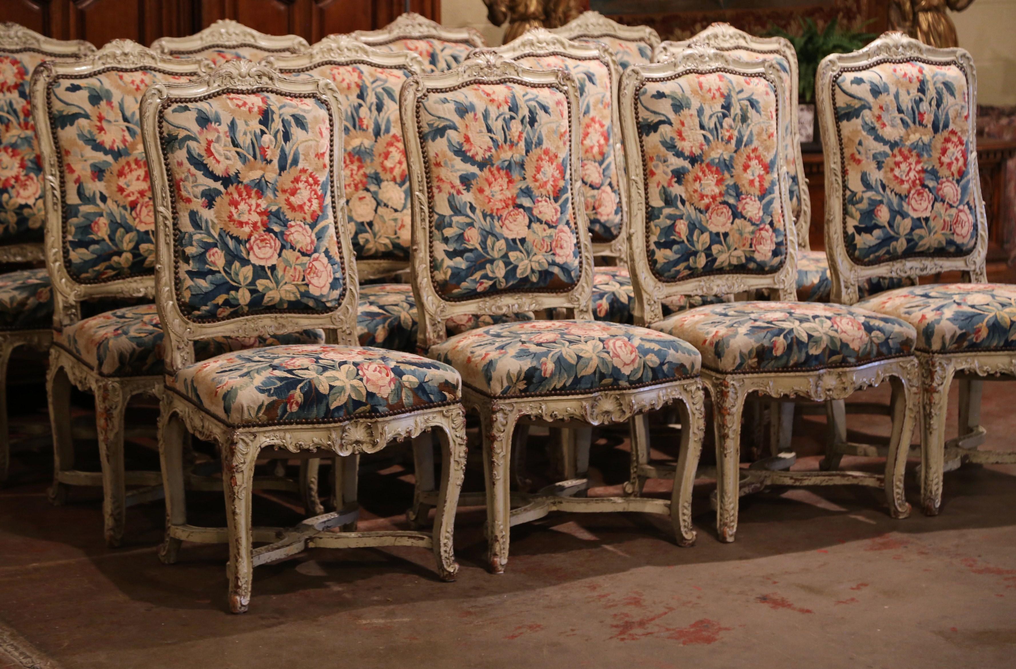 19th Century Carved Painted Dining Room Chairs with Aubusson Tapestry Set of 12 4