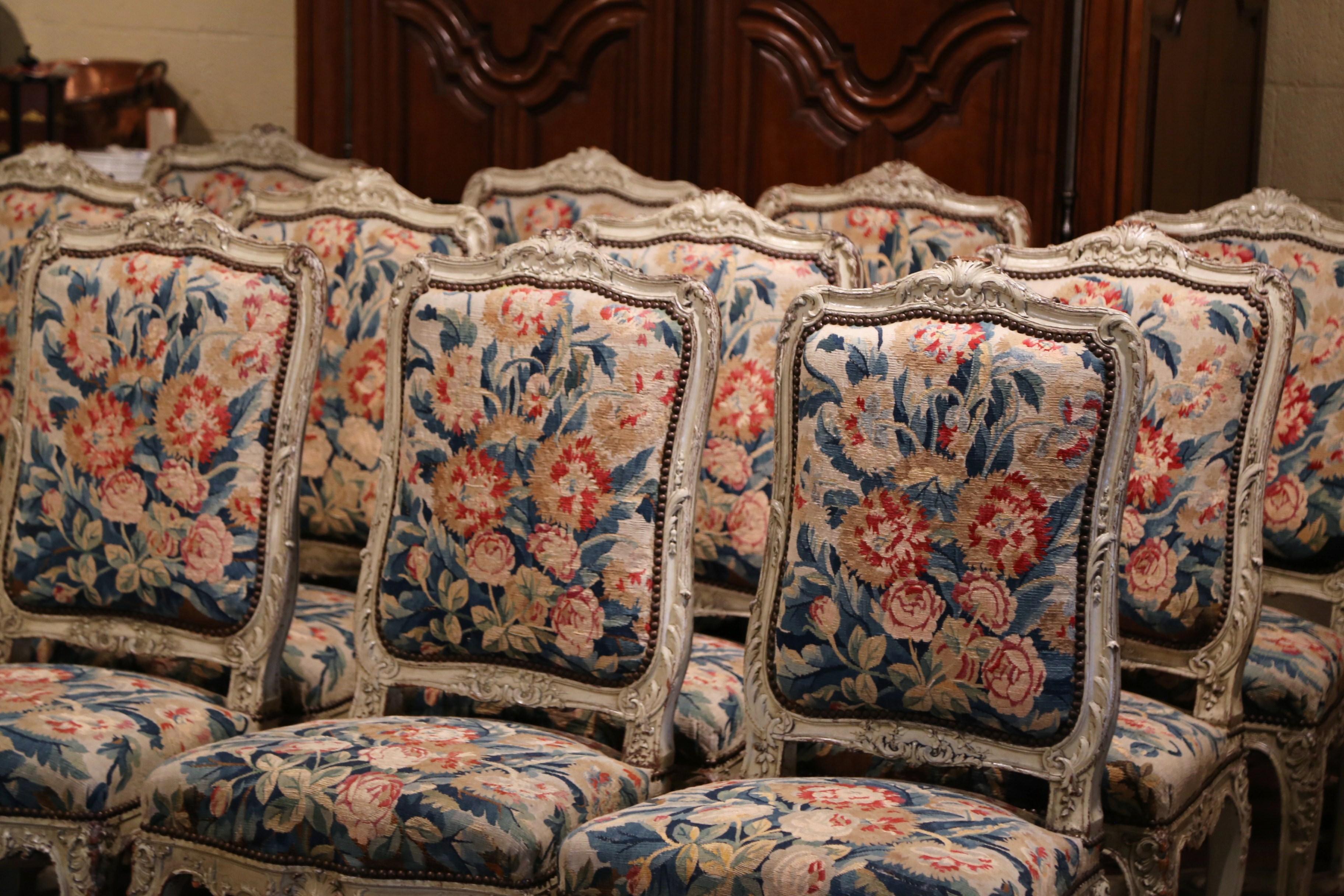19th Century Carved Painted Dining Room Chairs with Aubusson Tapestry Set of 12 5