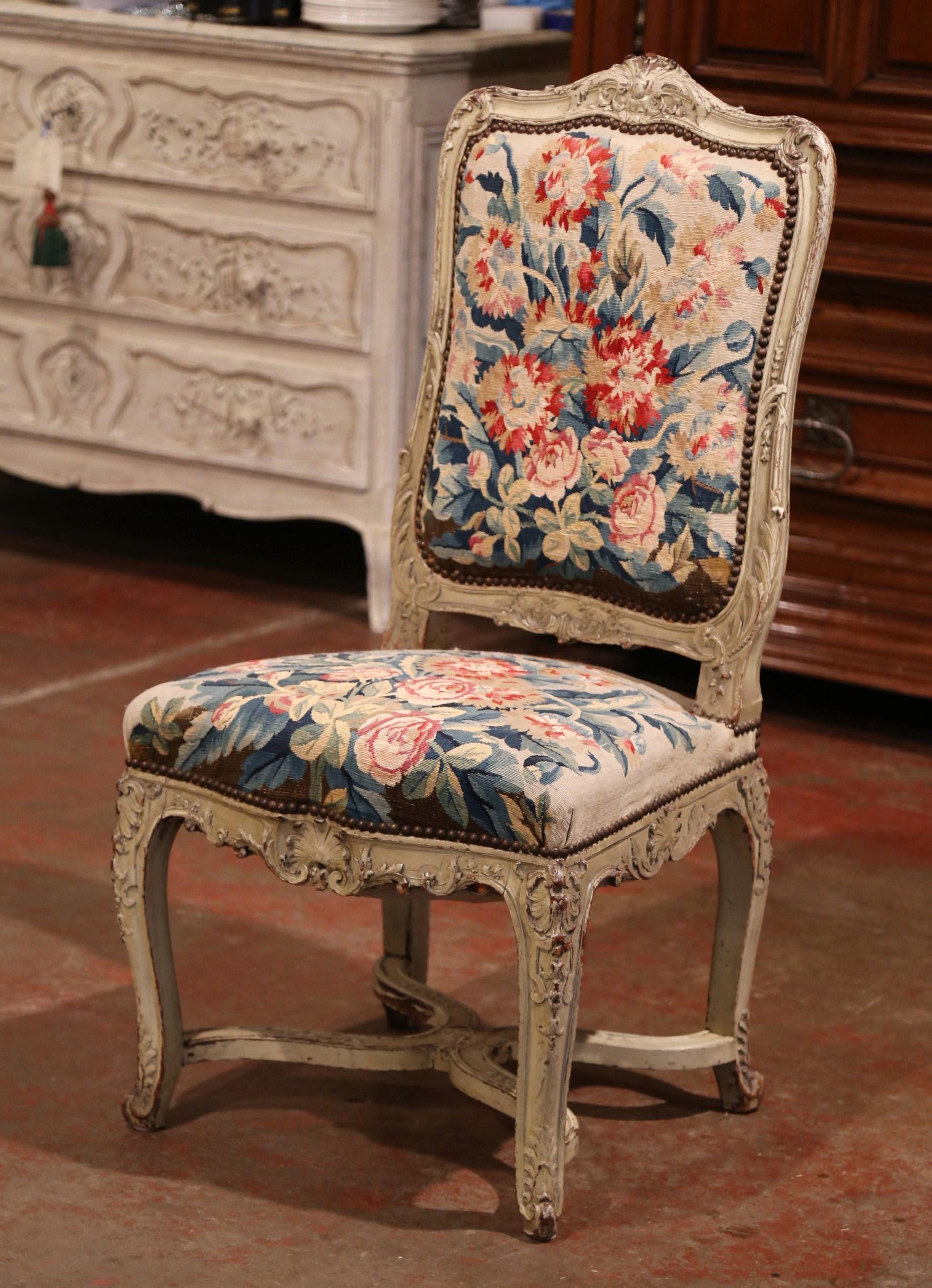 19th Century Carved Painted Dining Room Chairs with Aubusson Tapestry Set of 12 6