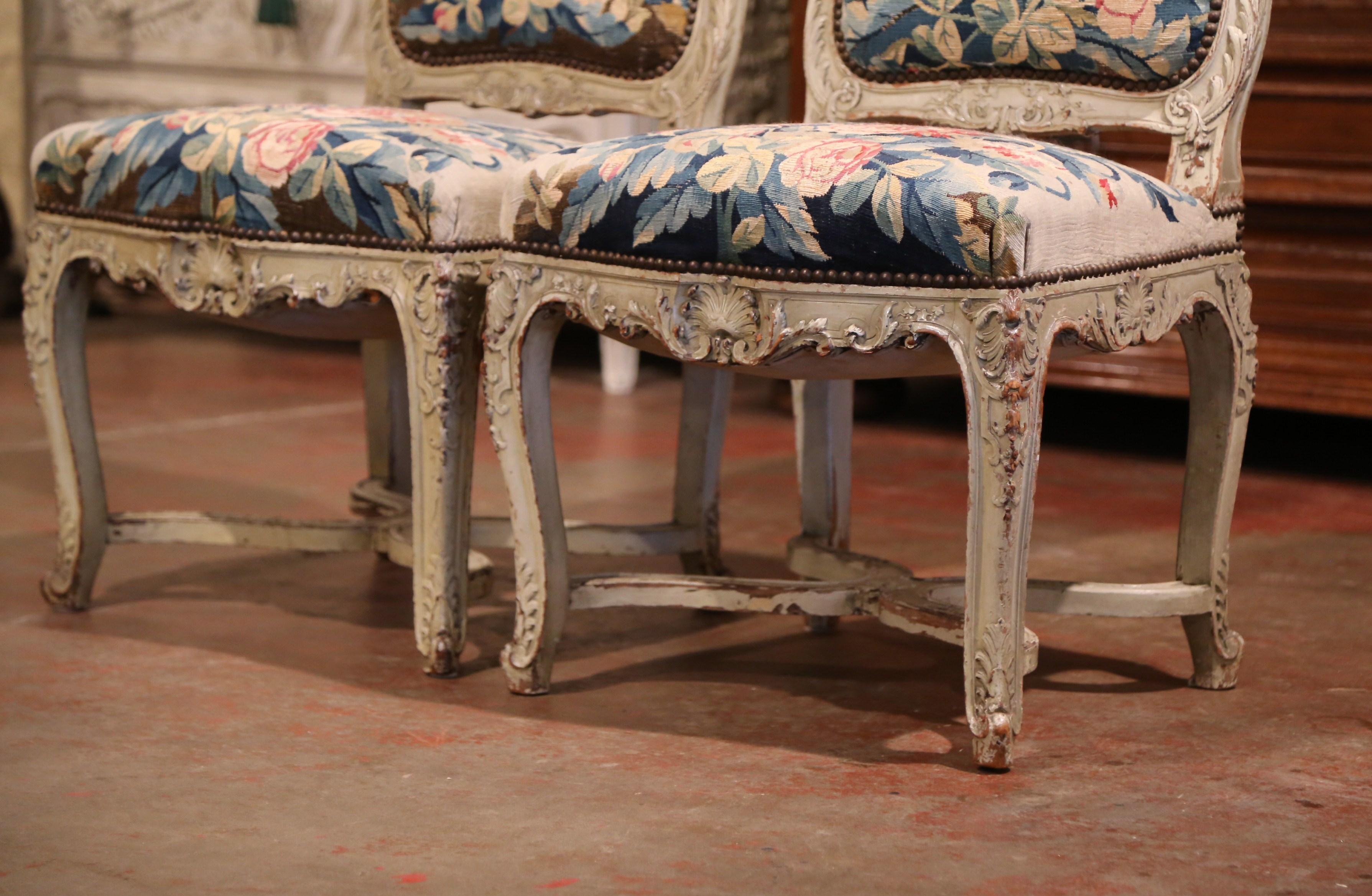 19th Century Carved Painted Dining Room Chairs with Aubusson Tapestry Set of 12 8