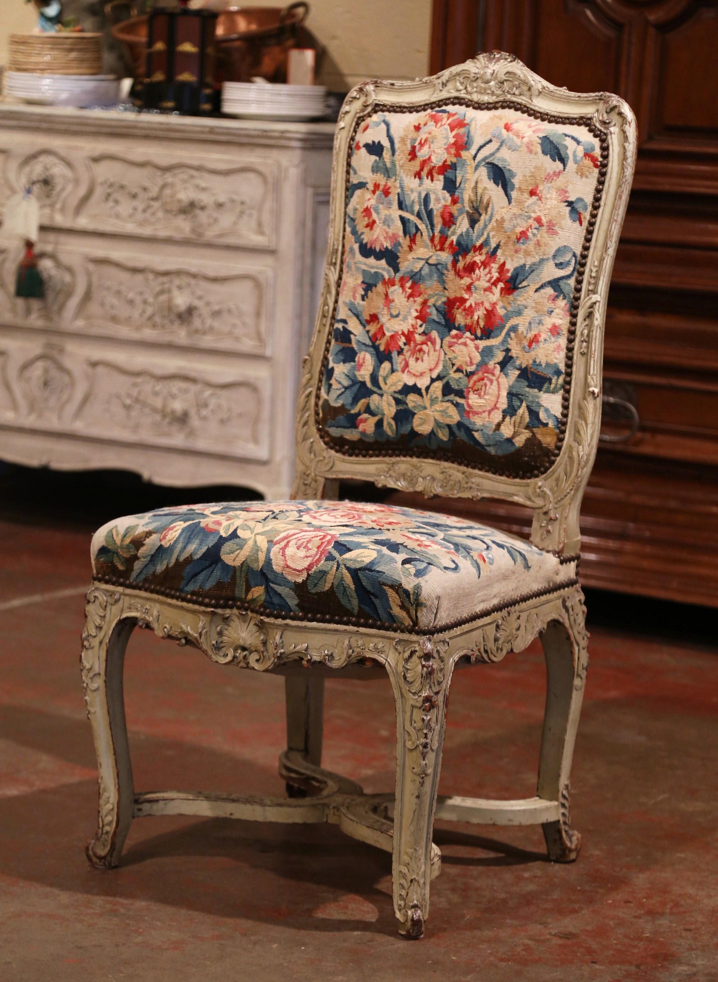19th Century Carved Painted Dining Room Chairs with Aubusson Tapestry Set of 12 9