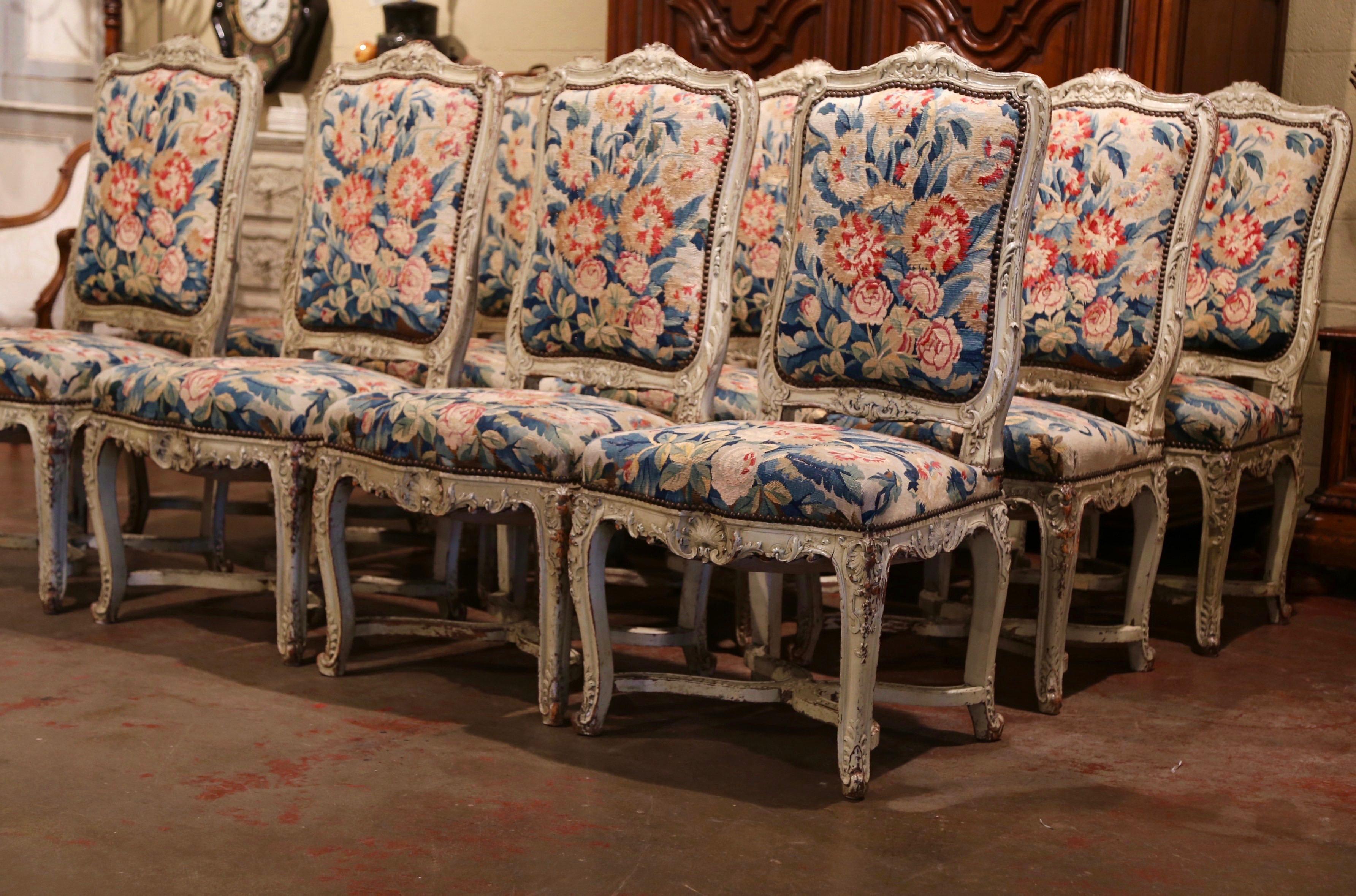 Louis XV 19th Century Carved Painted Dining Room Chairs with Aubusson Tapestry Set of 12