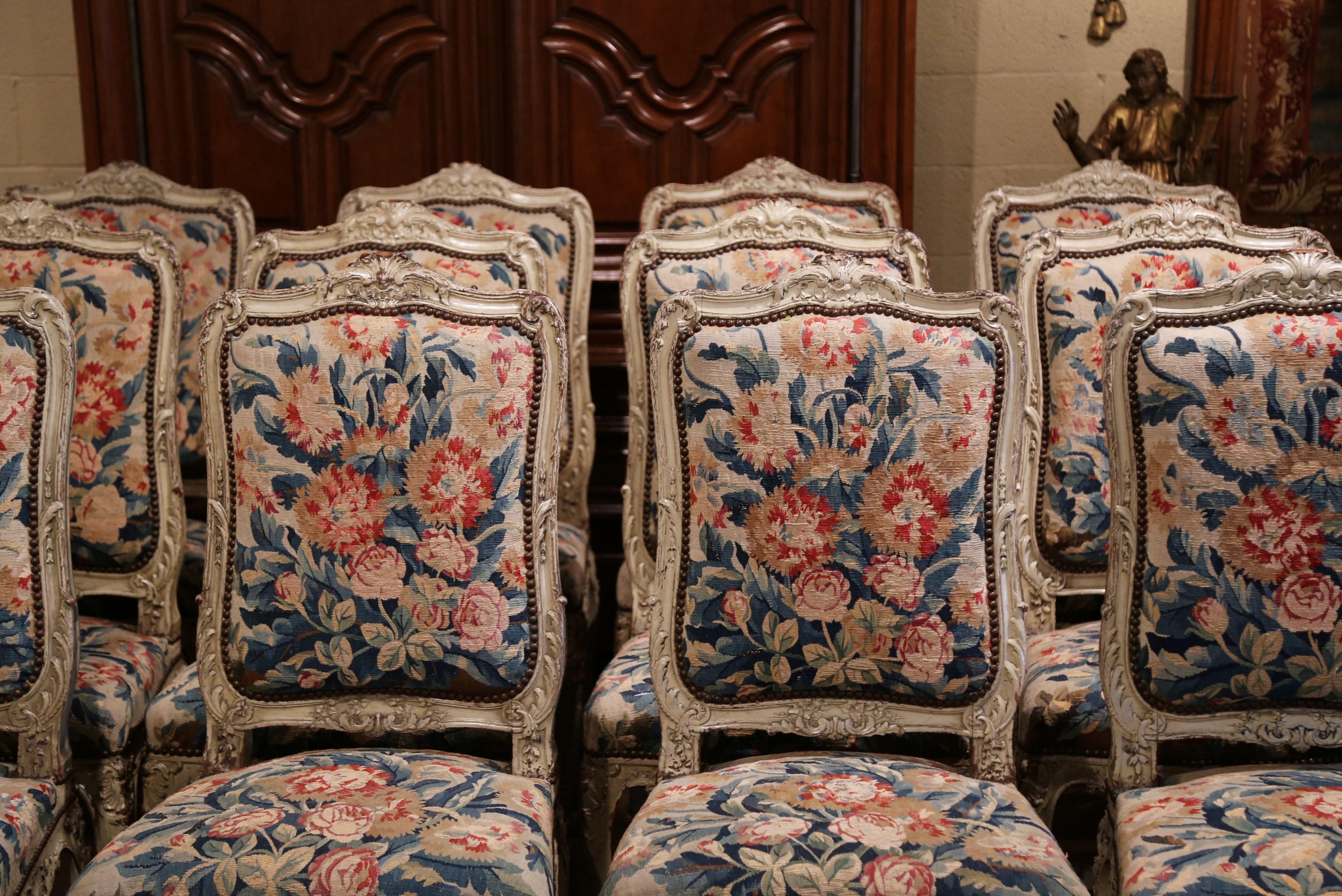 French 19th Century Carved Painted Dining Room Chairs with Aubusson Tapestry Set of 12
