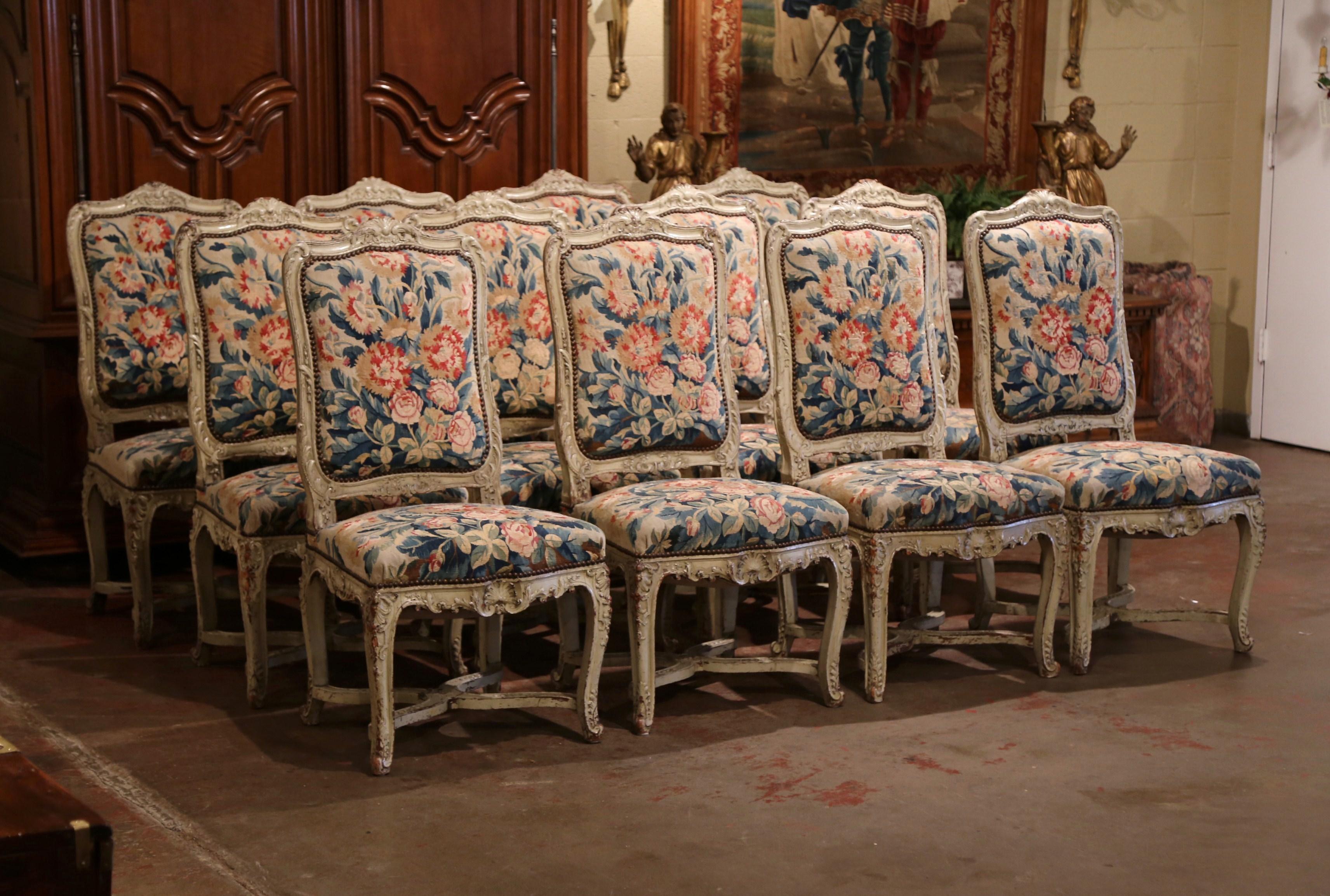 Hand-Carved 19th Century Carved Painted Dining Room Chairs with Aubusson Tapestry Set of 12