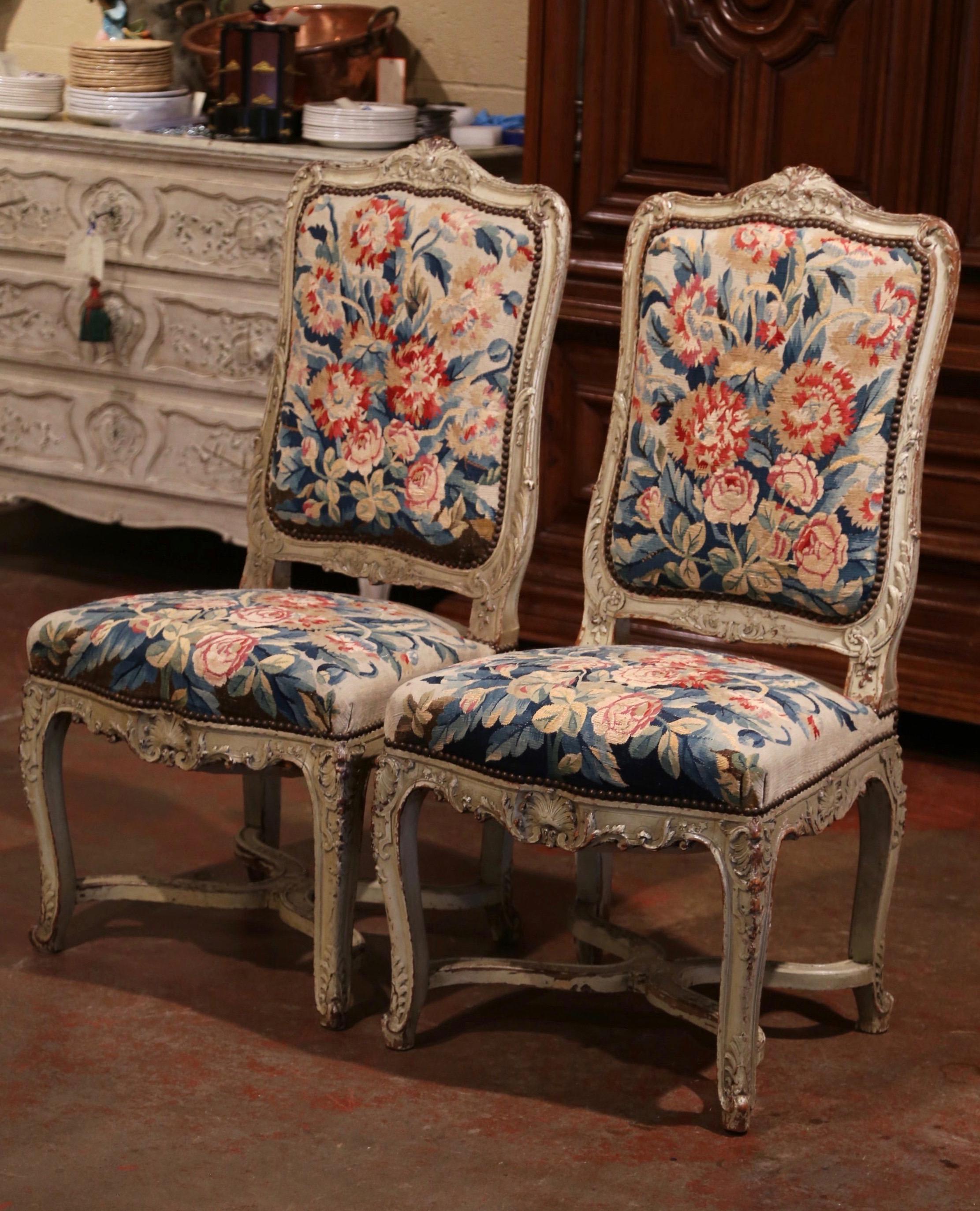 19th Century Carved Painted Dining Room Chairs with Aubusson Tapestry Set of 12 In Excellent Condition In Dallas, TX