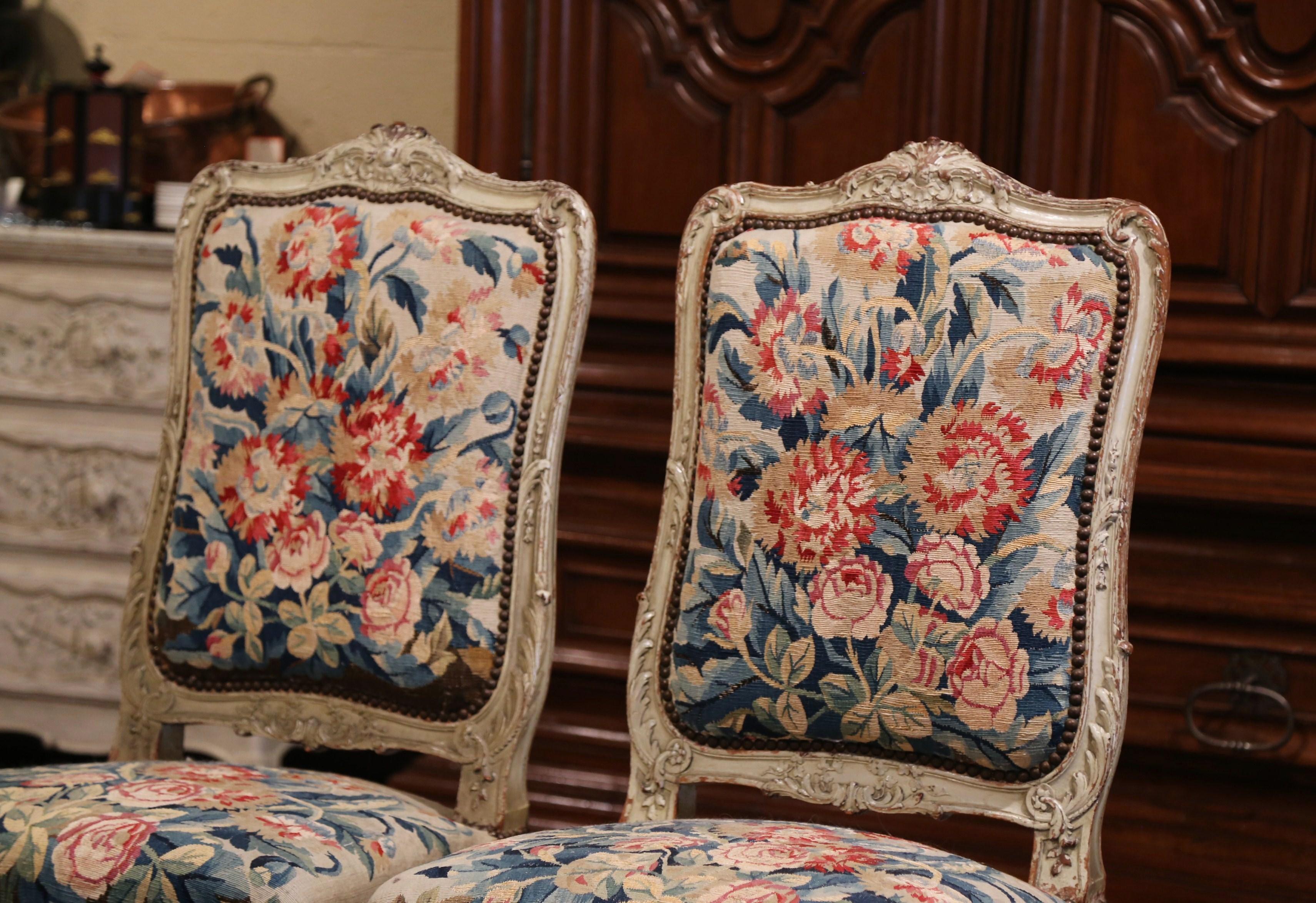 19th Century Carved Painted Dining Room Chairs with Aubusson Tapestry Set of 12 1