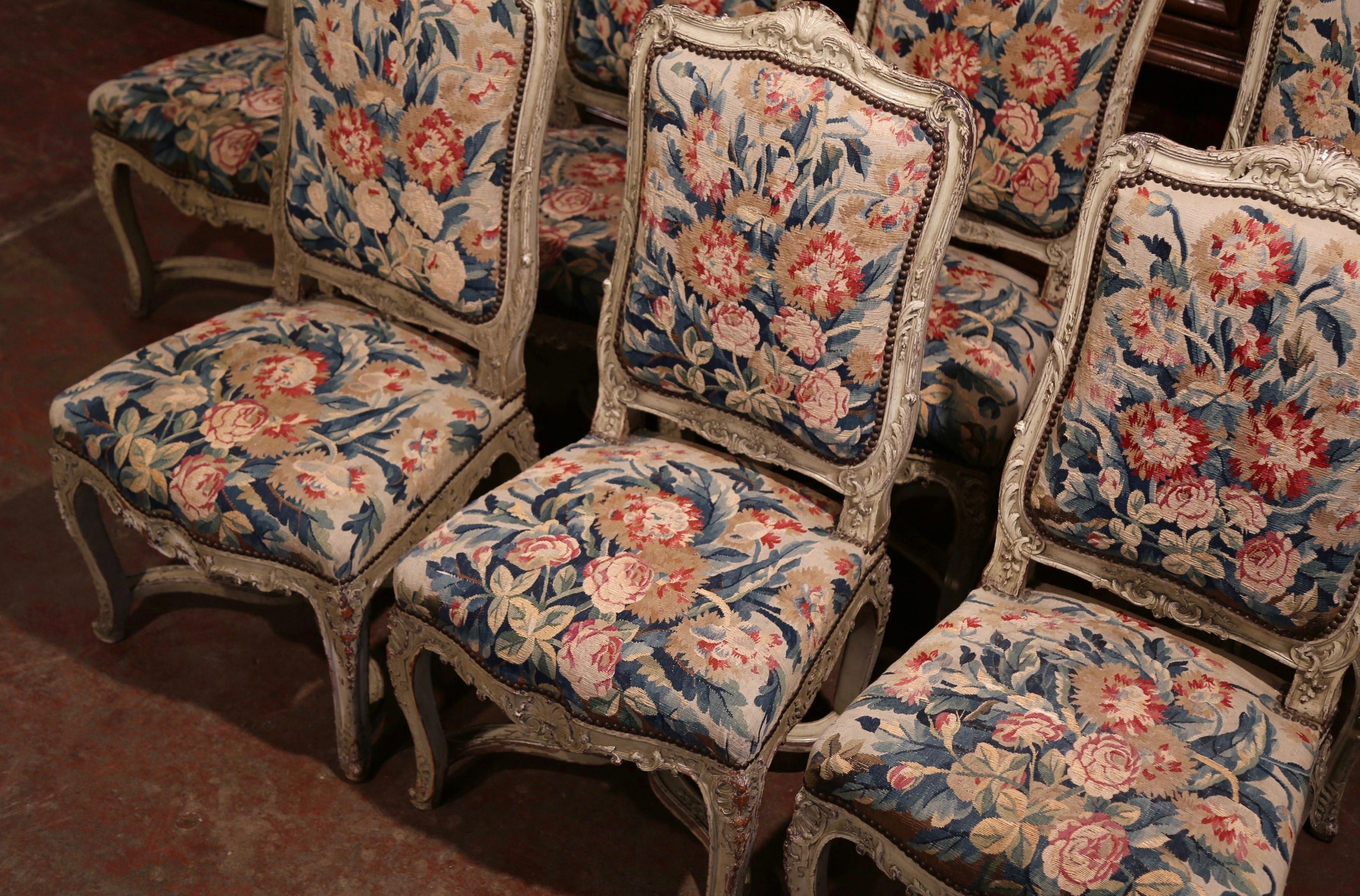 19th Century Carved Painted Dining Room Chairs with Aubusson Tapestry Set of 12 2