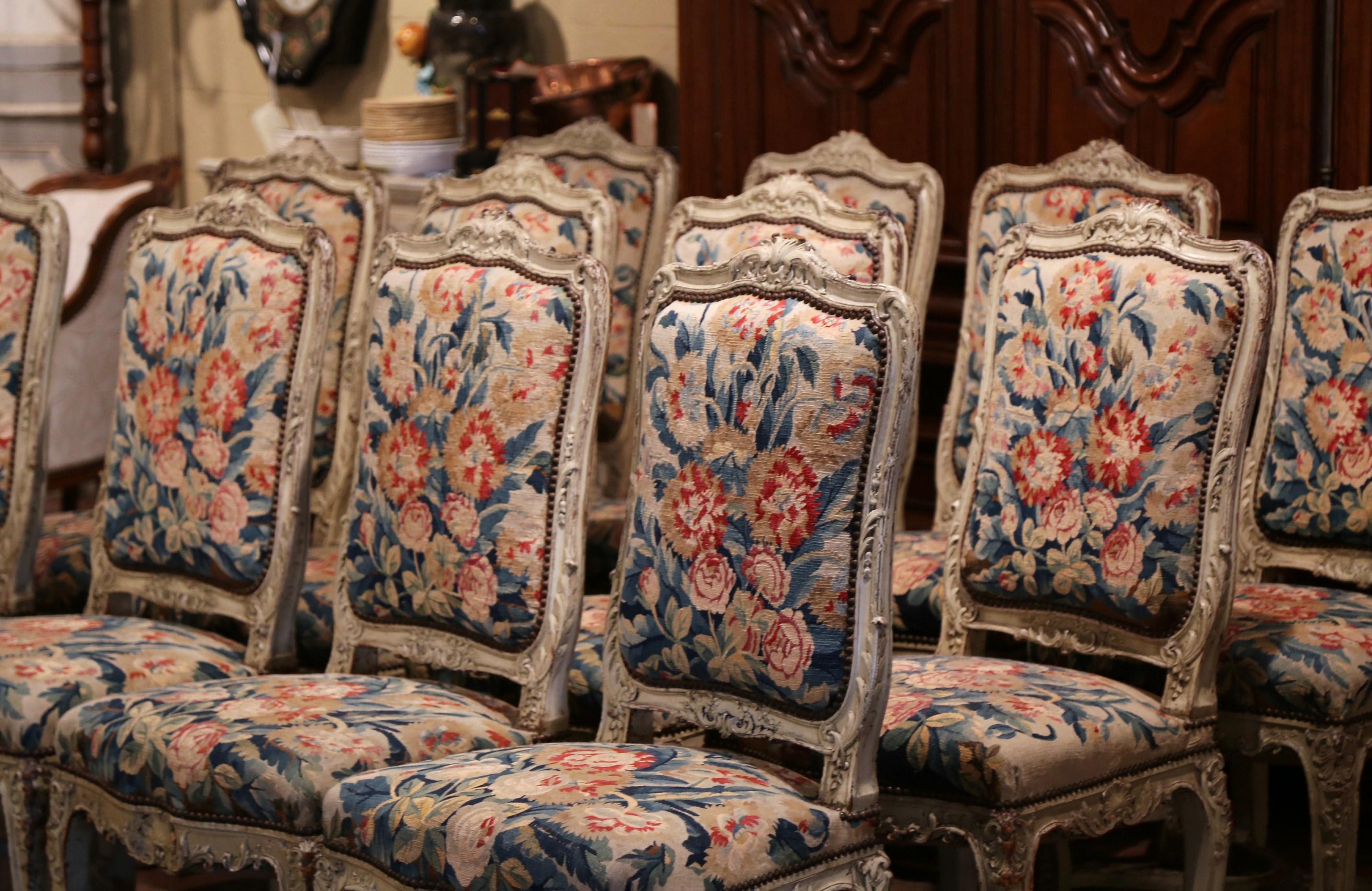 19th Century Carved Painted Dining Room Chairs with Aubusson Tapestry Set of 12 3