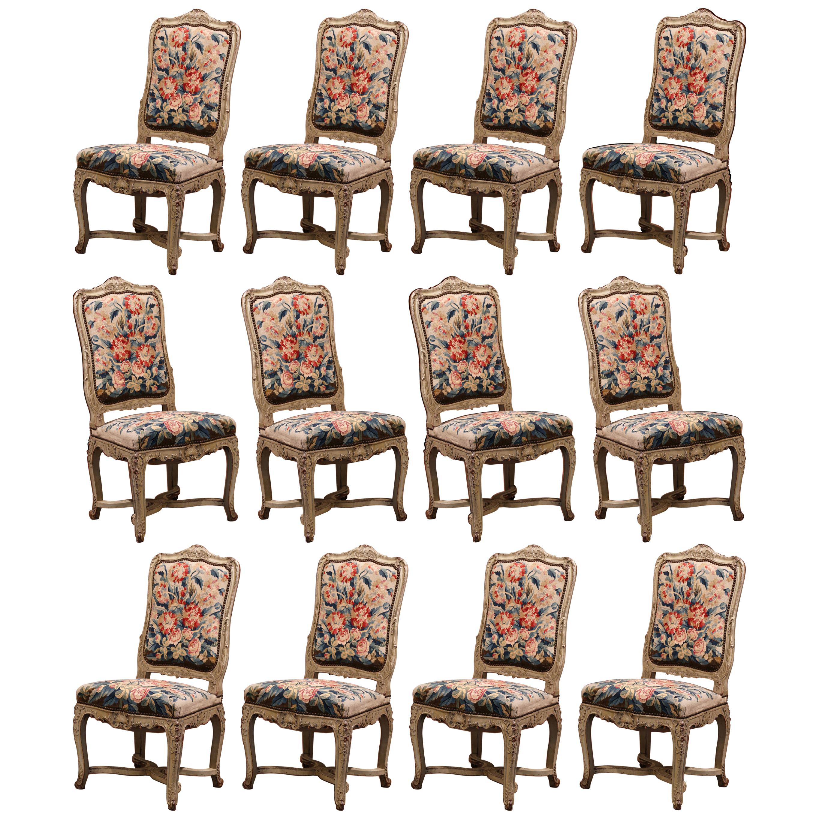 19th Century Carved Painted Dining Room Chairs with Aubusson Tapestry Set of 12