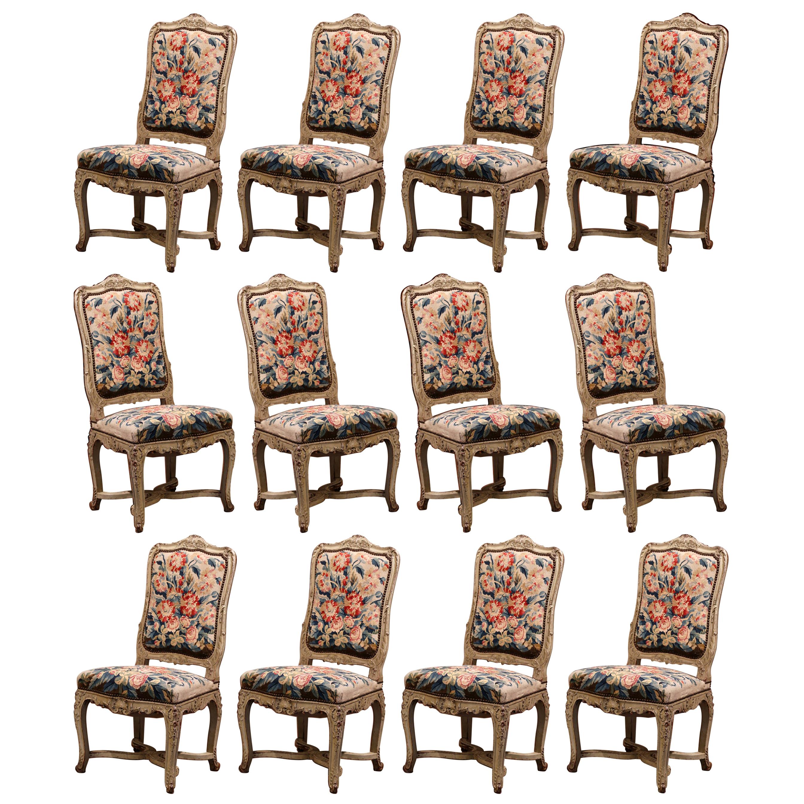 19th Century Carved Painted Dining Room Chairs with Aubusson Tapestry -Set of 12