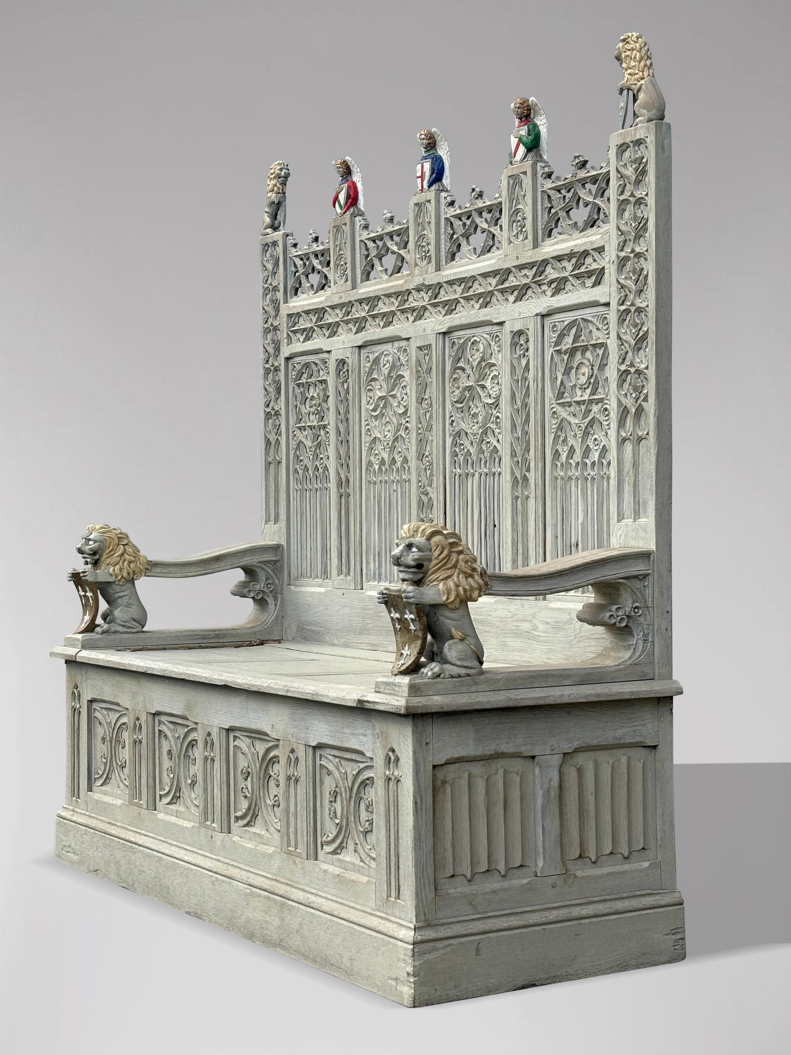 19th Century Carved Painted Gothic Revival Hall Bench 5