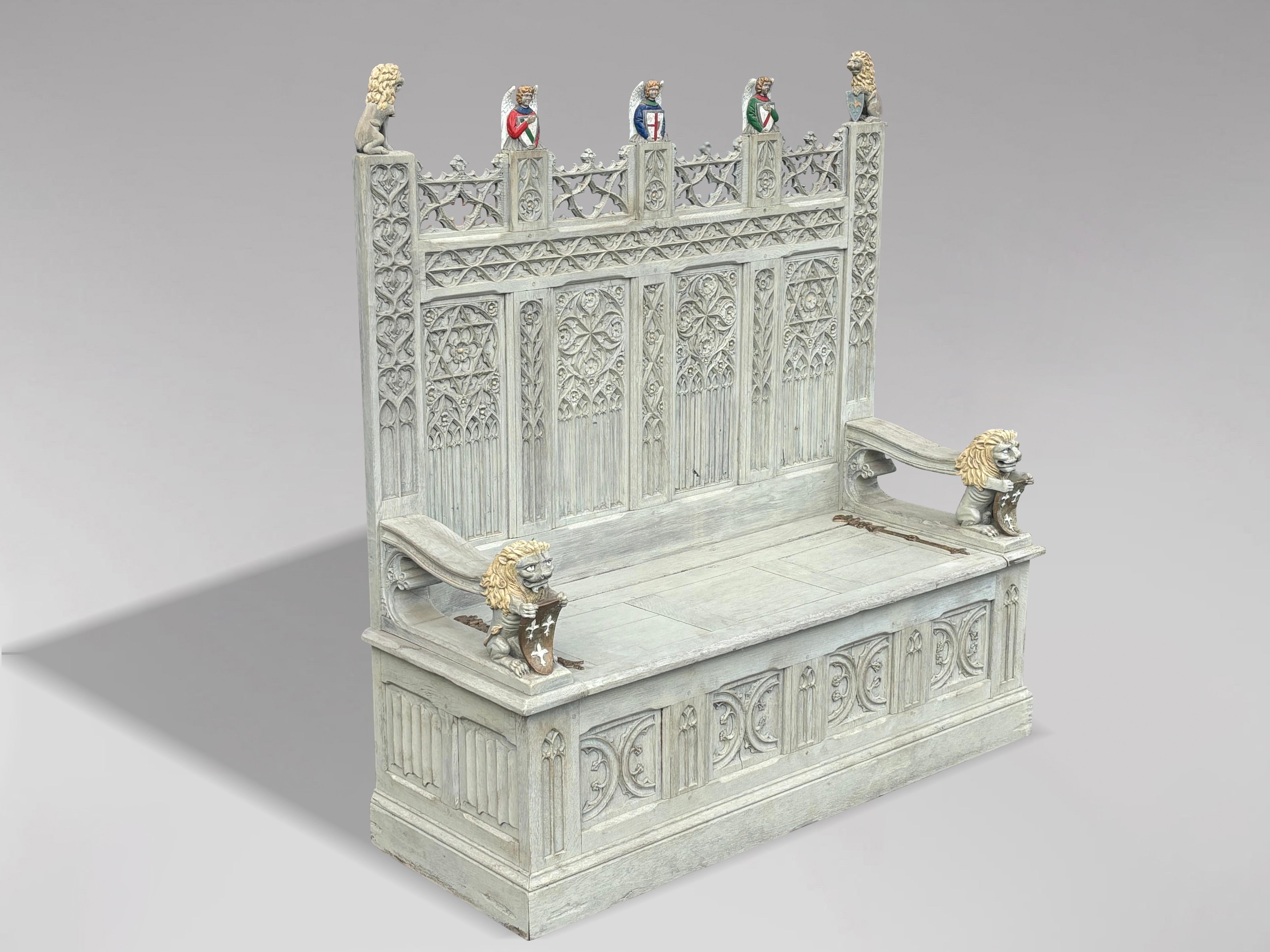 19th Century Carved Painted Gothic Revival Hall Bench 7