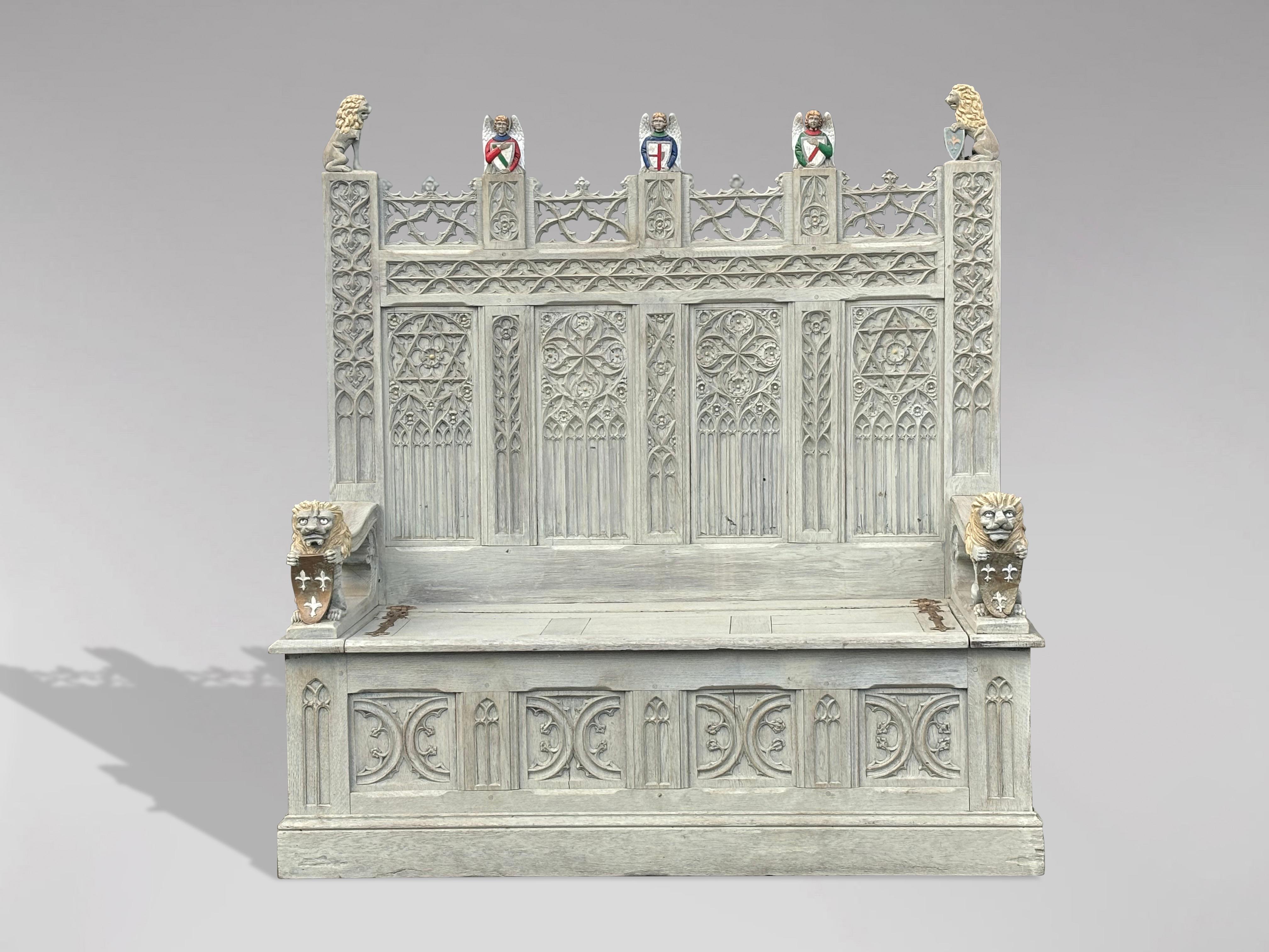 19th Century Carved Painted Gothic Revival Hall Bench 8