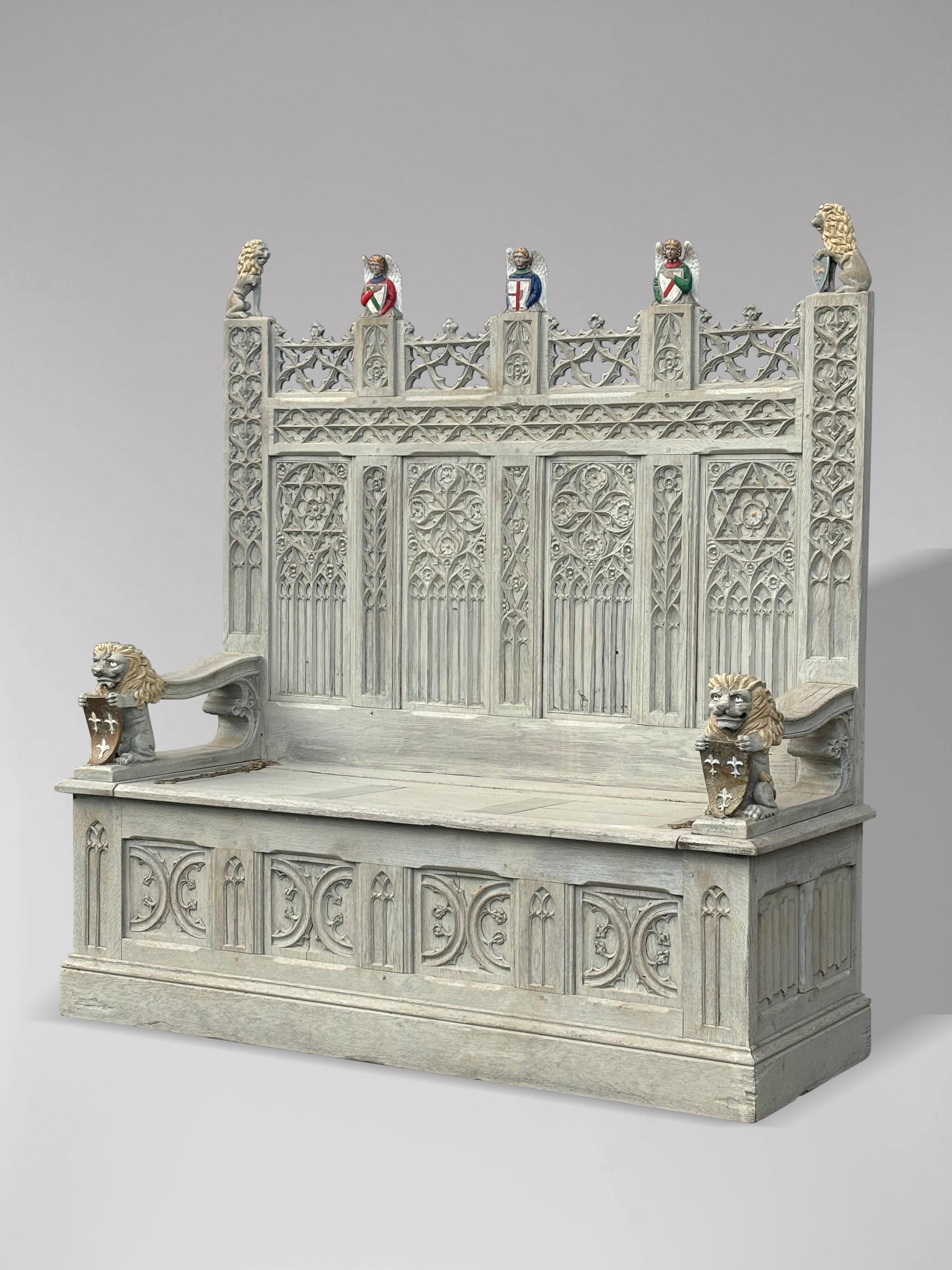 British 19th Century Carved Painted Gothic Revival Hall Bench