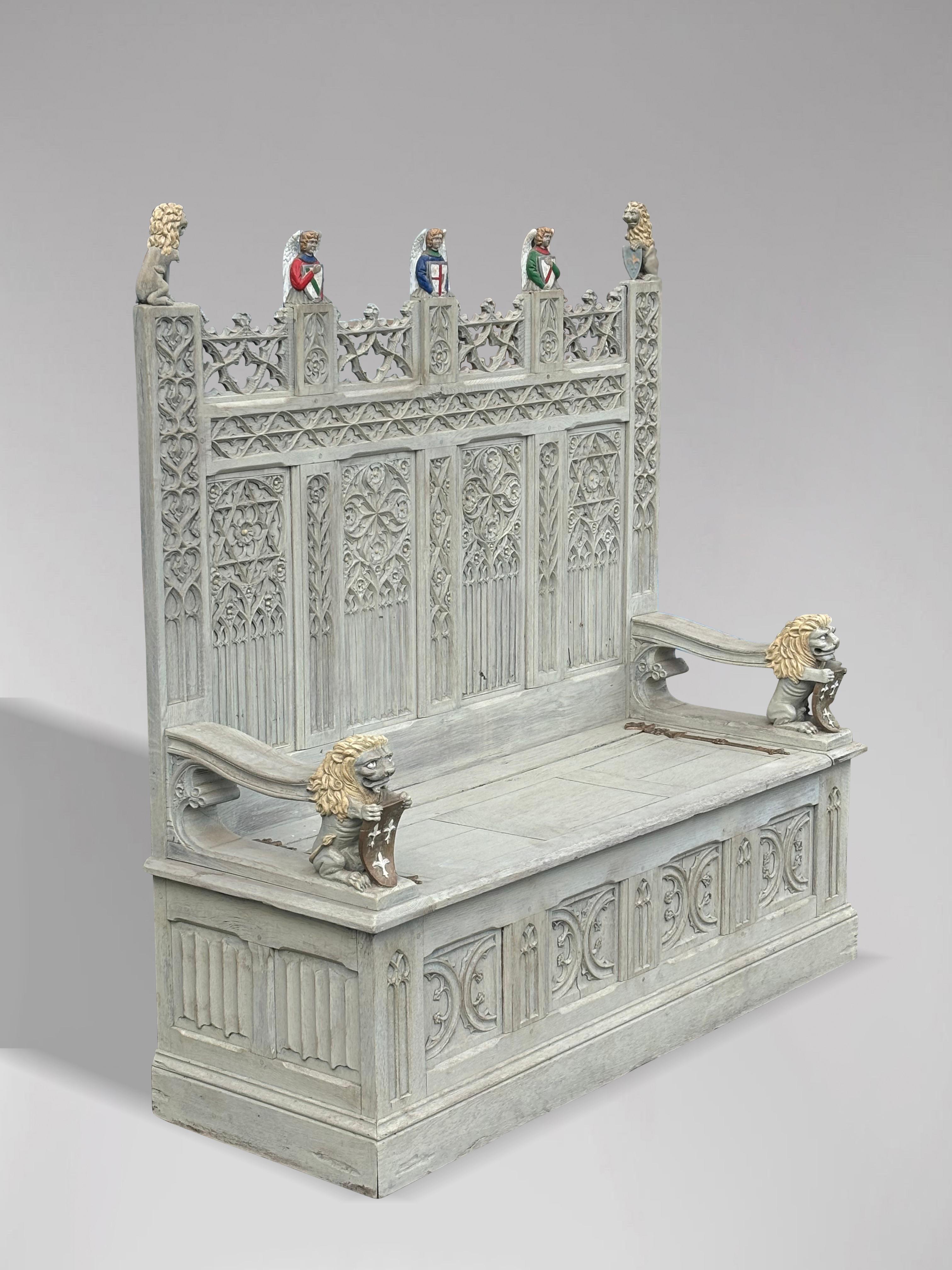 Hand-Carved 19th Century Carved Painted Gothic Revival Hall Bench