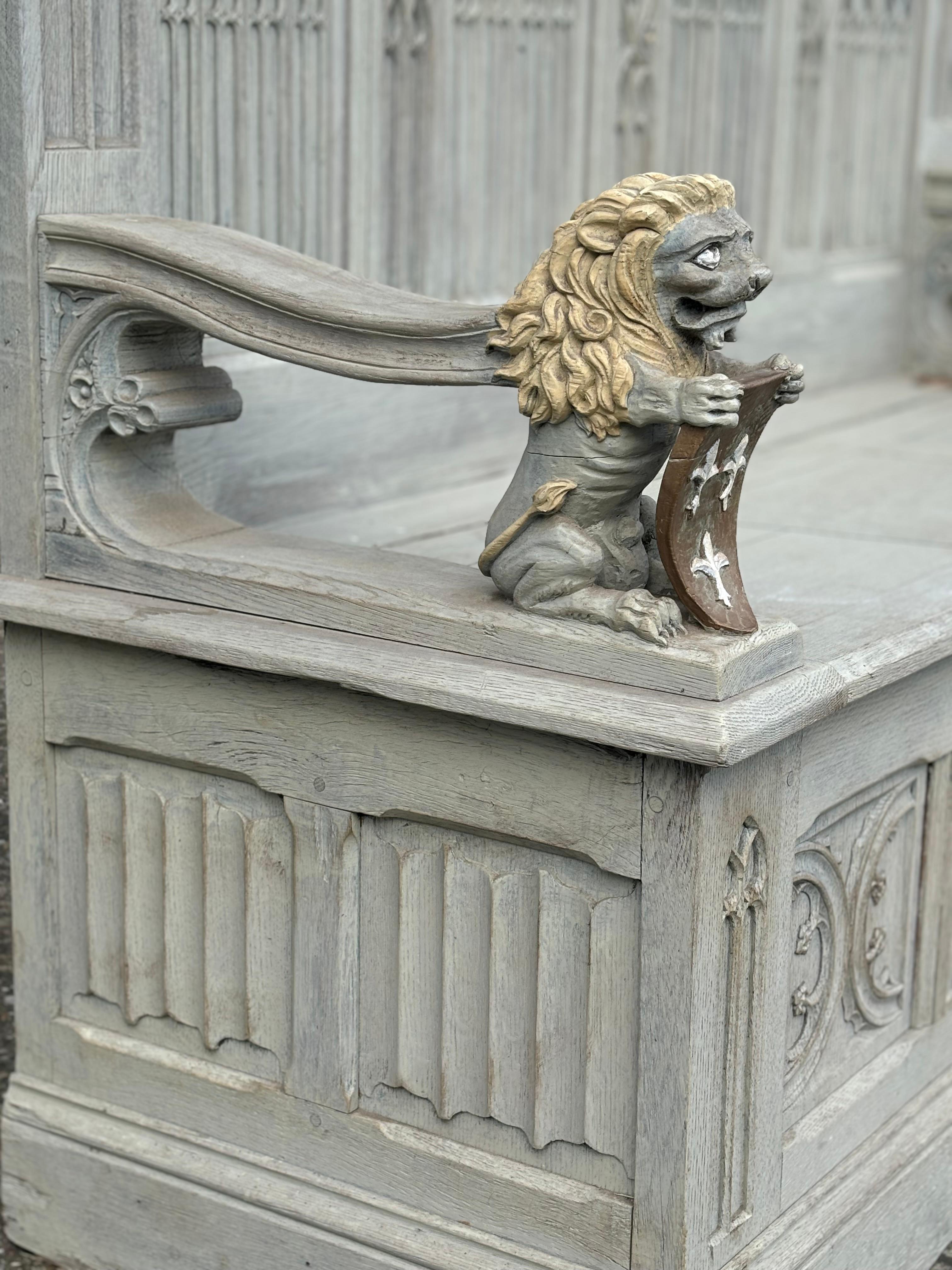 Oak 19th Century Carved Painted Gothic Revival Hall Bench