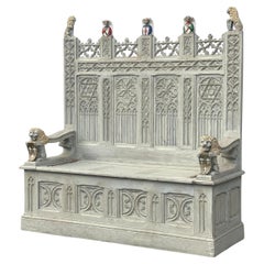 19th Century Carved Painted Gothic Revival Hall Bench
