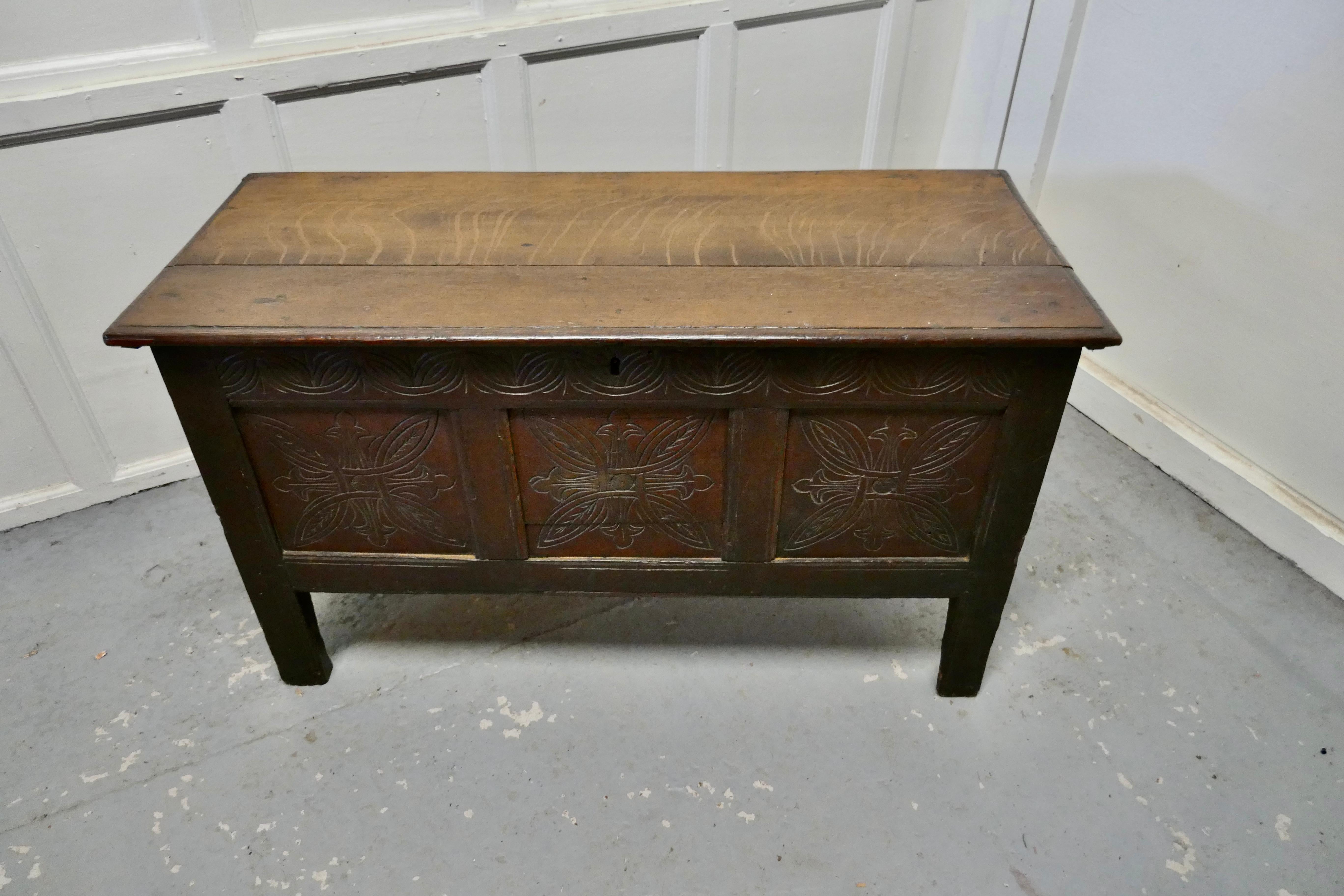 19th century carved paneled oak coffer 


This is a lovely old piece, with a good patina, the chest has three moulded panels on the front and inside there is a has a candle box
The coffer is in good condition for its age and is a very attractive