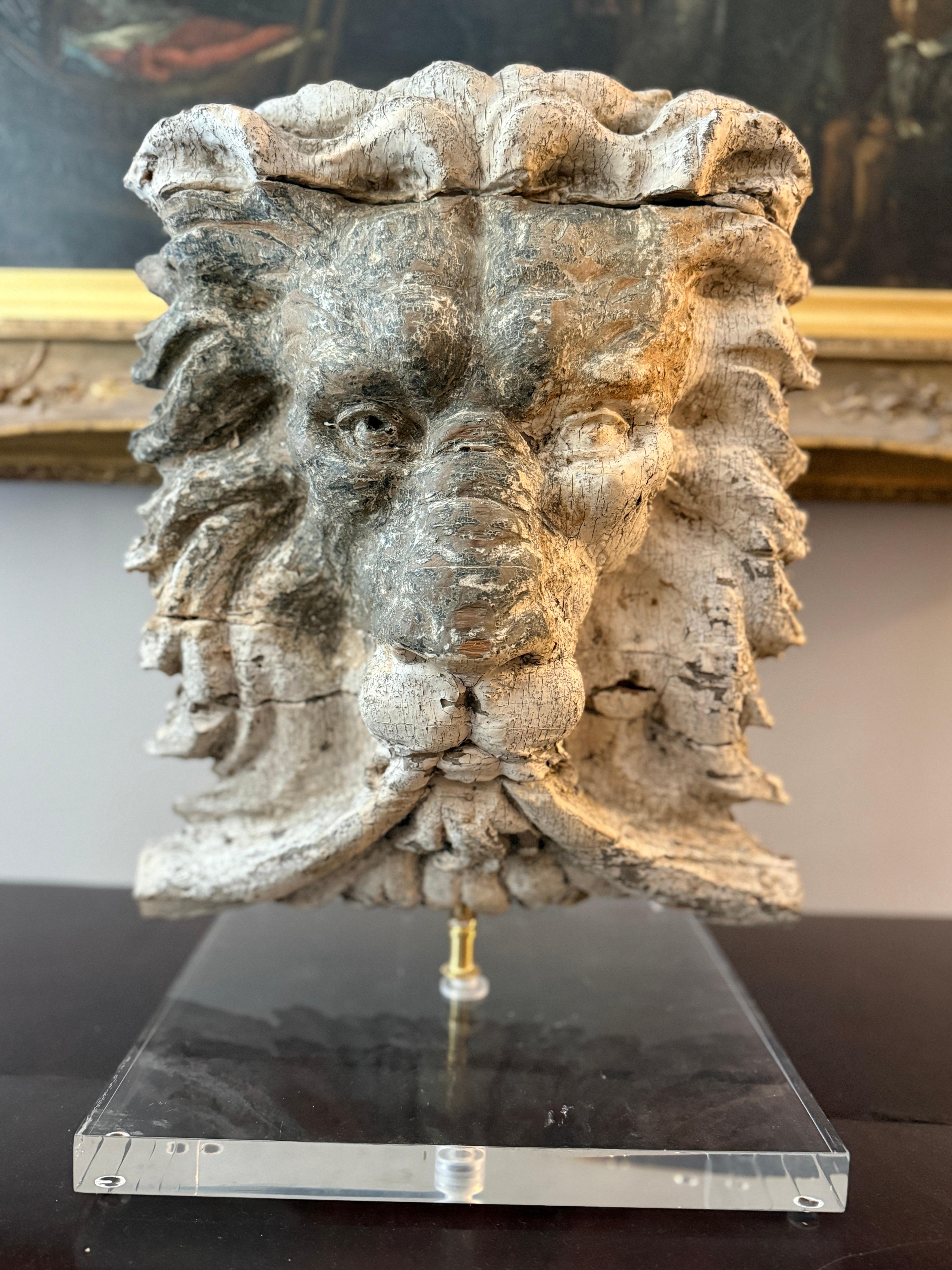 19th-Century Carved Pine Lion’s Head Architectural Fragment, Mounted on Lucite For Sale 4
