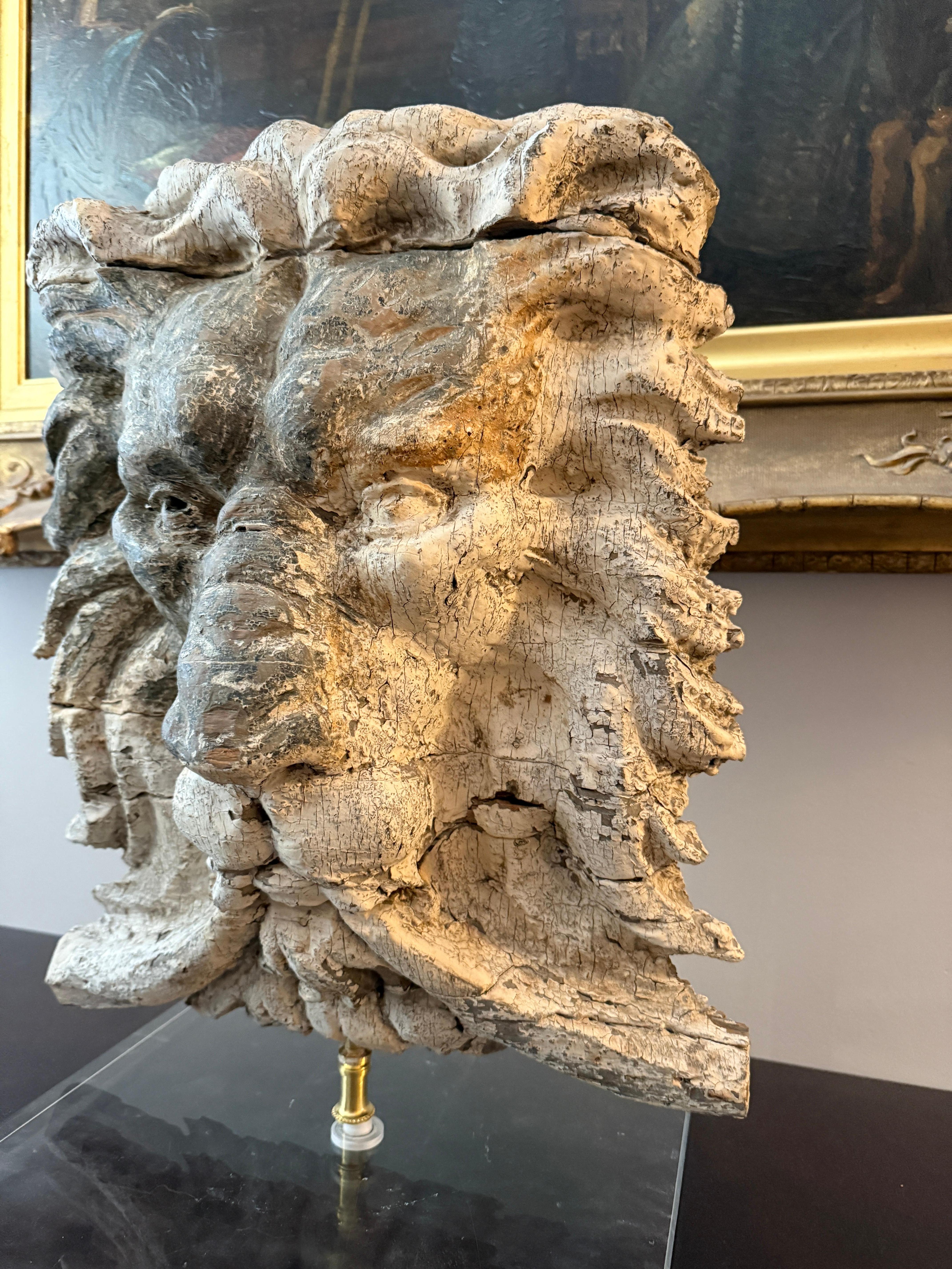 Baroque 19th-Century Carved Pine Lion’s Head Architectural Fragment, Mounted on Lucite For Sale