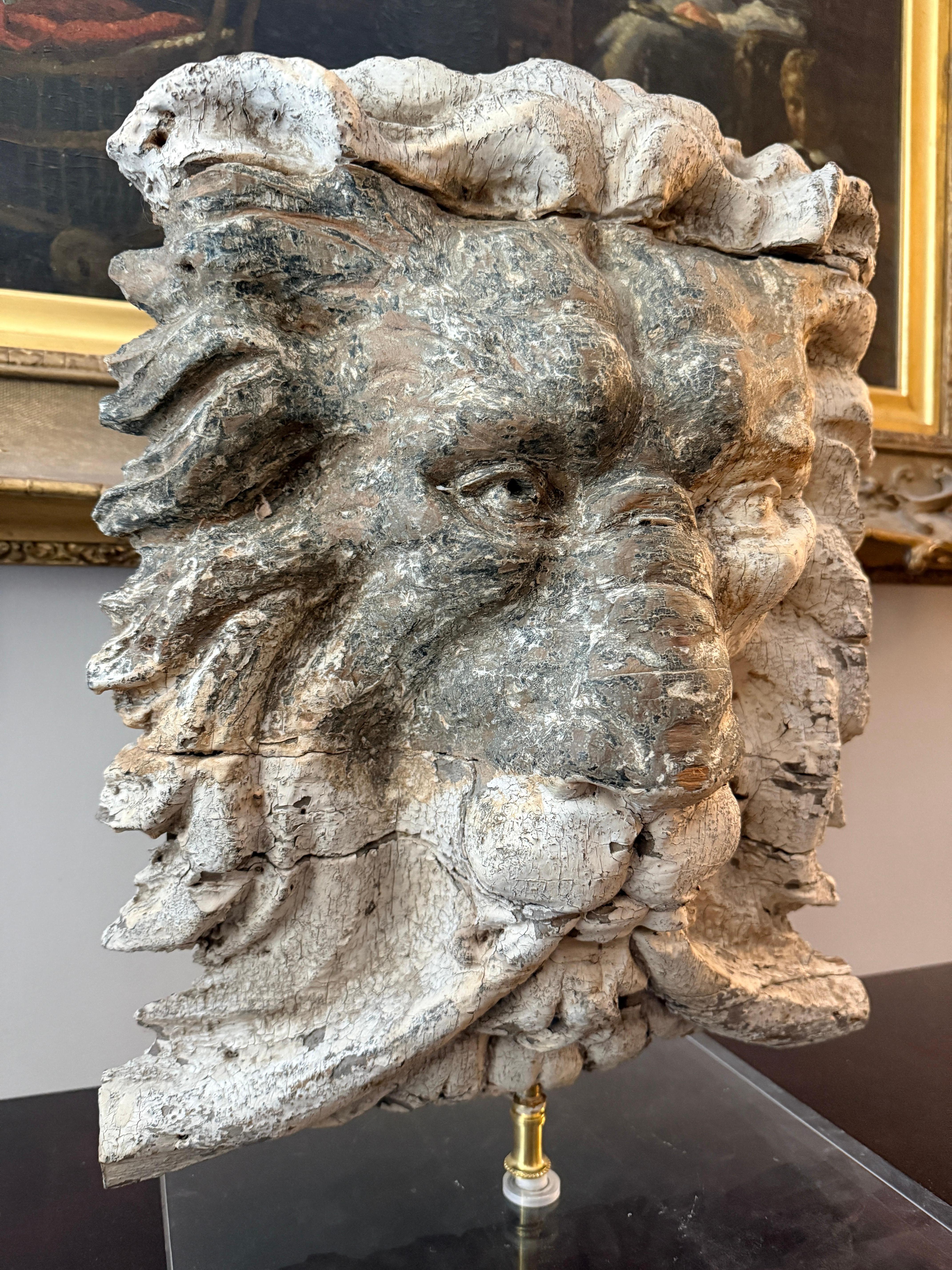 American 19th-Century Carved Pine Lion’s Head Architectural Fragment, Mounted on Lucite For Sale