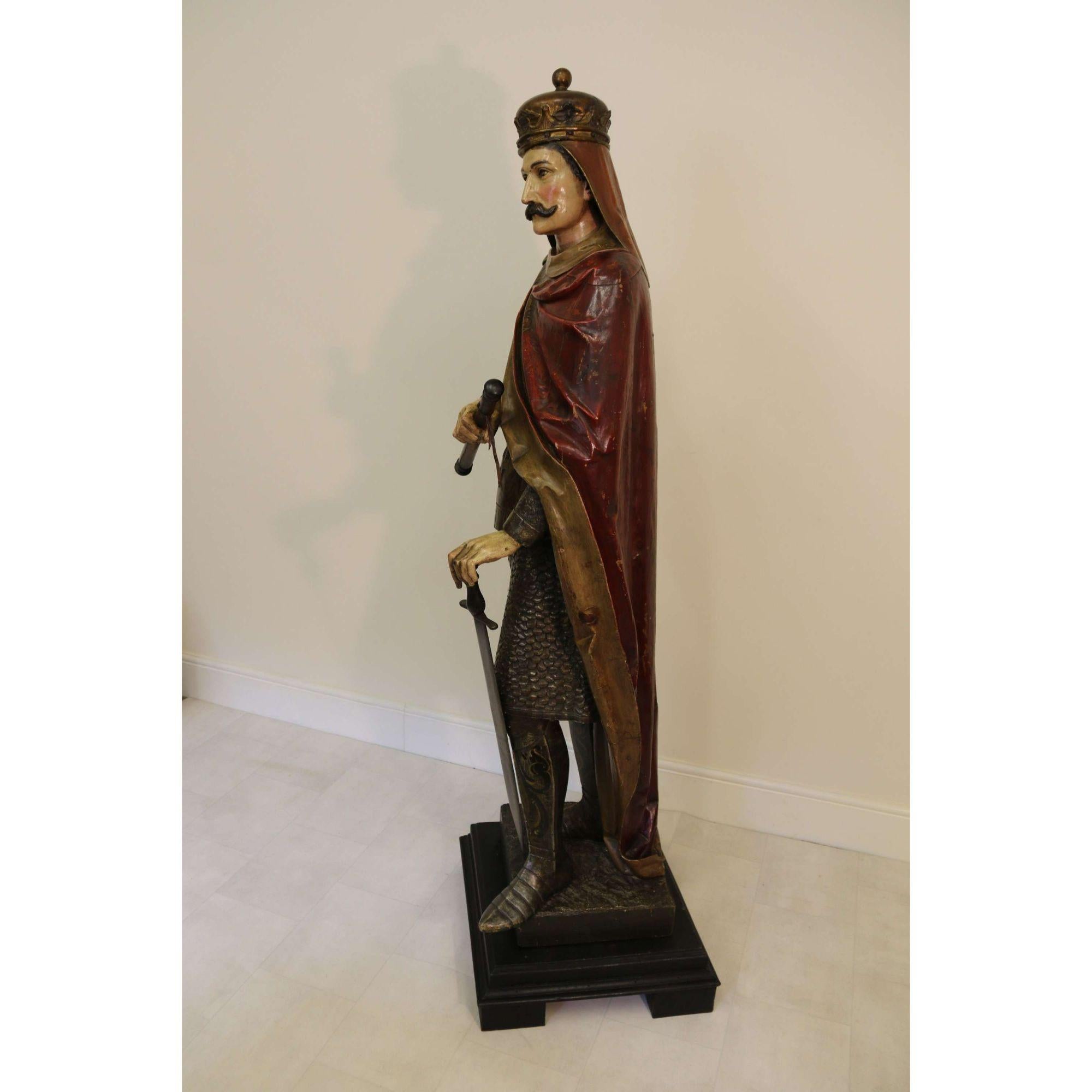 19th Century Carved Pine Polychrome Painted Life Size Model of a Medieval King 12