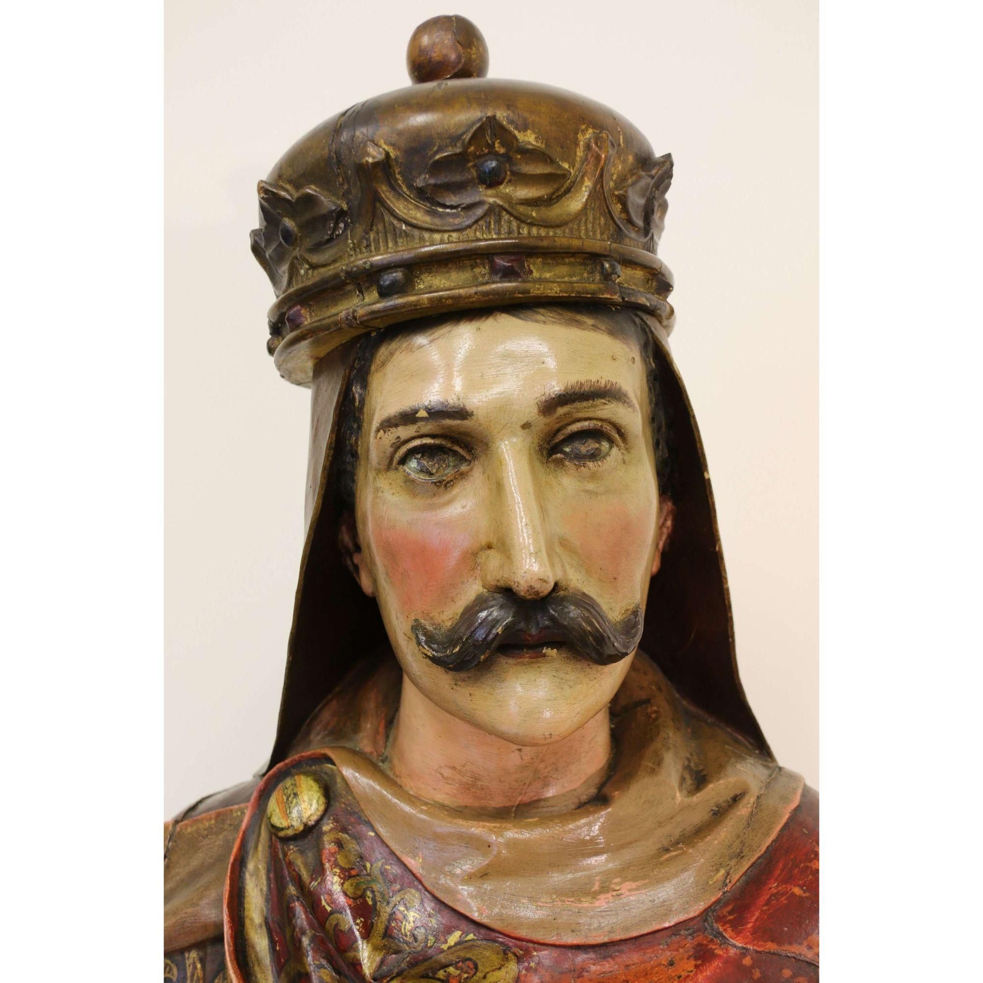 19th Century Carved Pine Polychrome Painted Life Size Model of a Medieval King 1