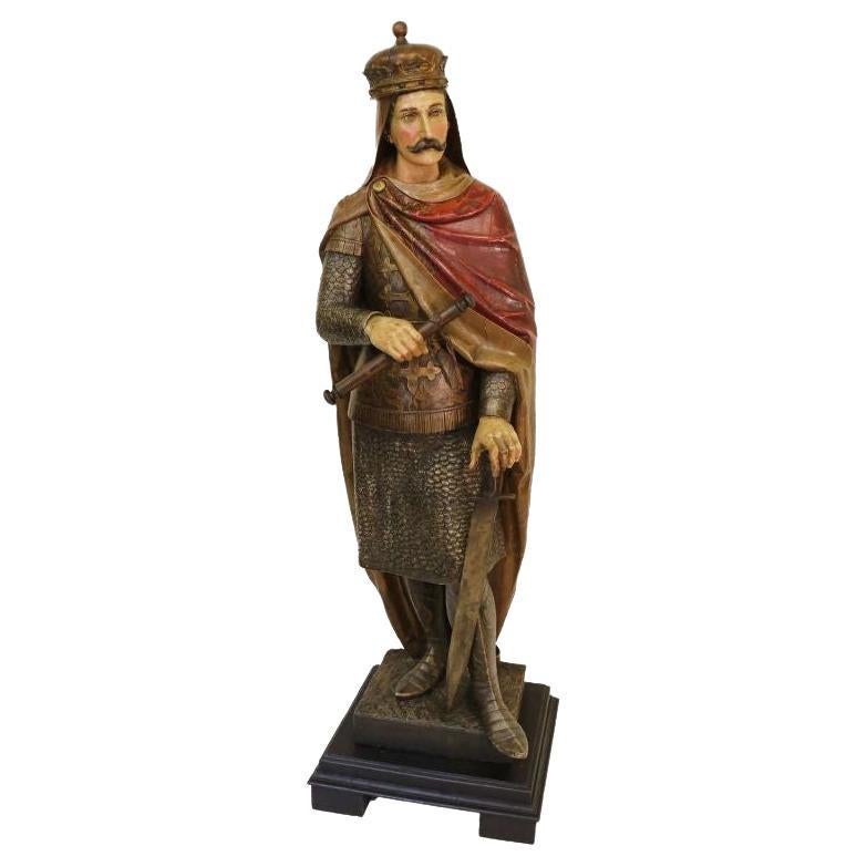 19th Century Carved Pine Polychrome Painted Life Size Model of a Medieval King