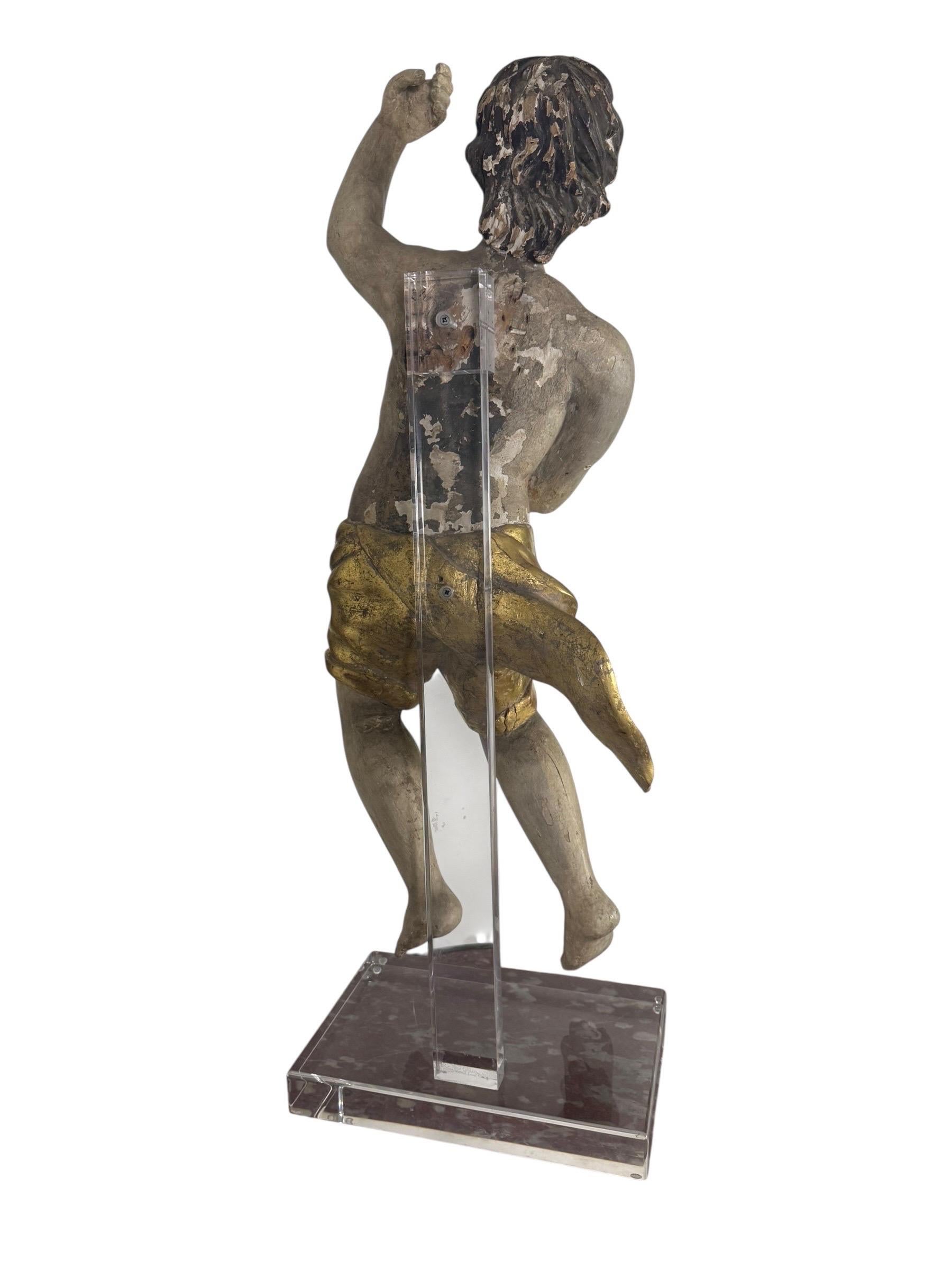19th Century Carved Polychrome and Giltwood Statue of a Putti For Sale 6