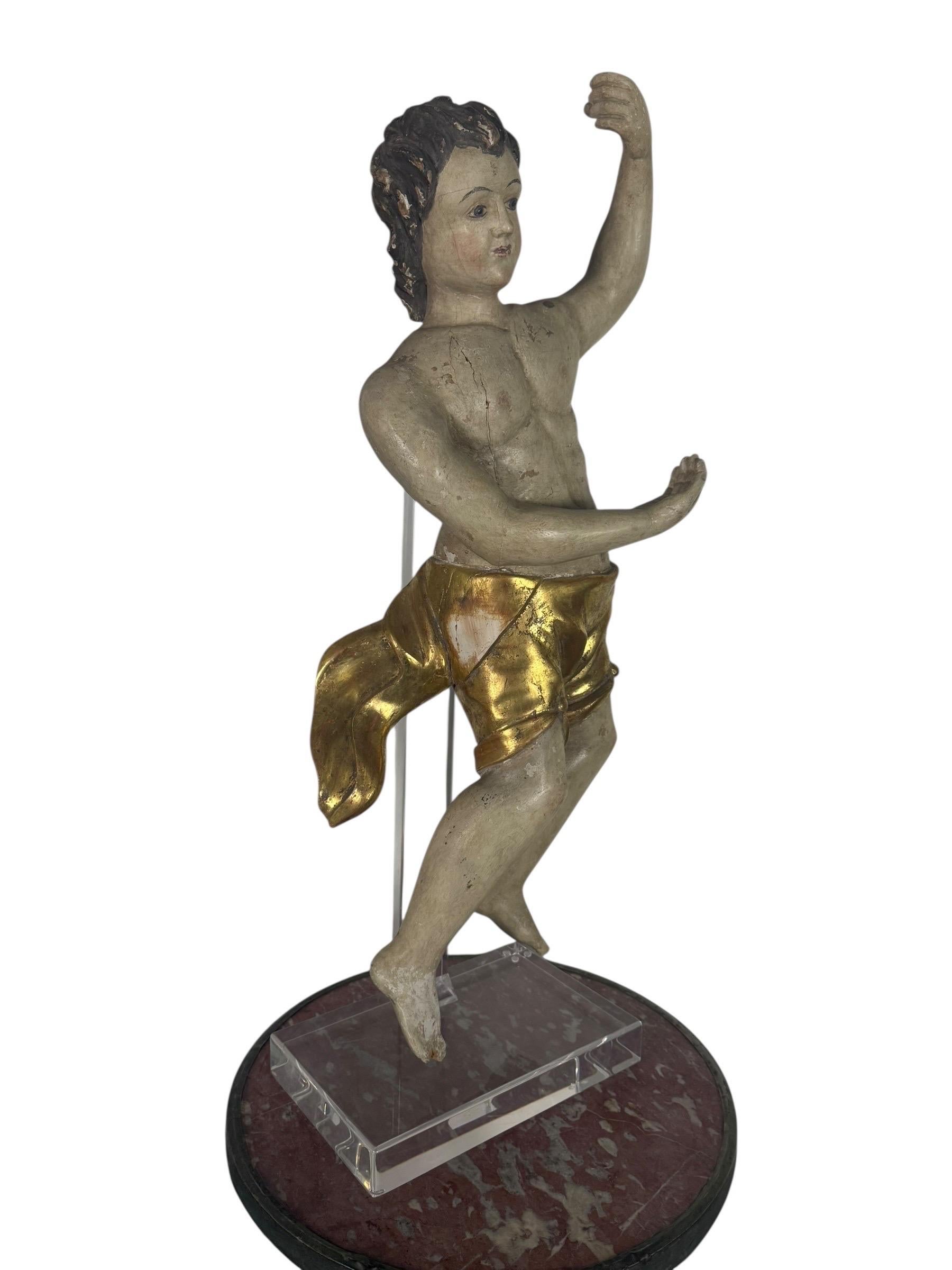 Baroque 19th Century Carved Polychrome and Giltwood Statue of a Putti For Sale