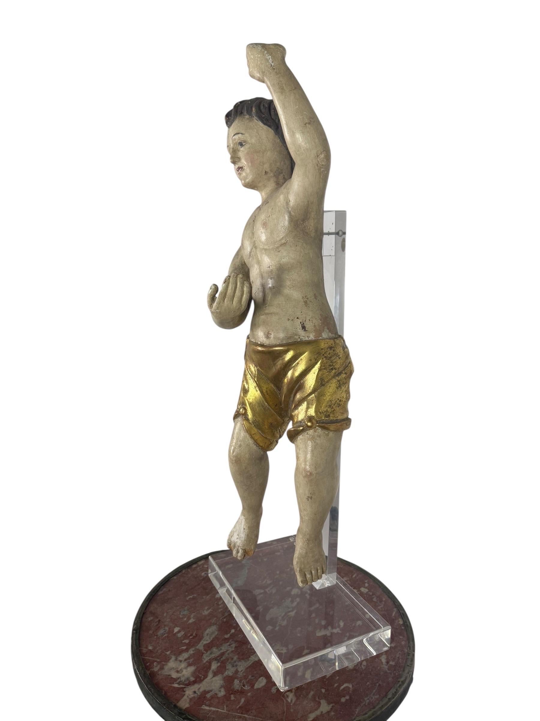 Hand-Carved 19th Century Carved Polychrome and Giltwood Statue of a Putti For Sale