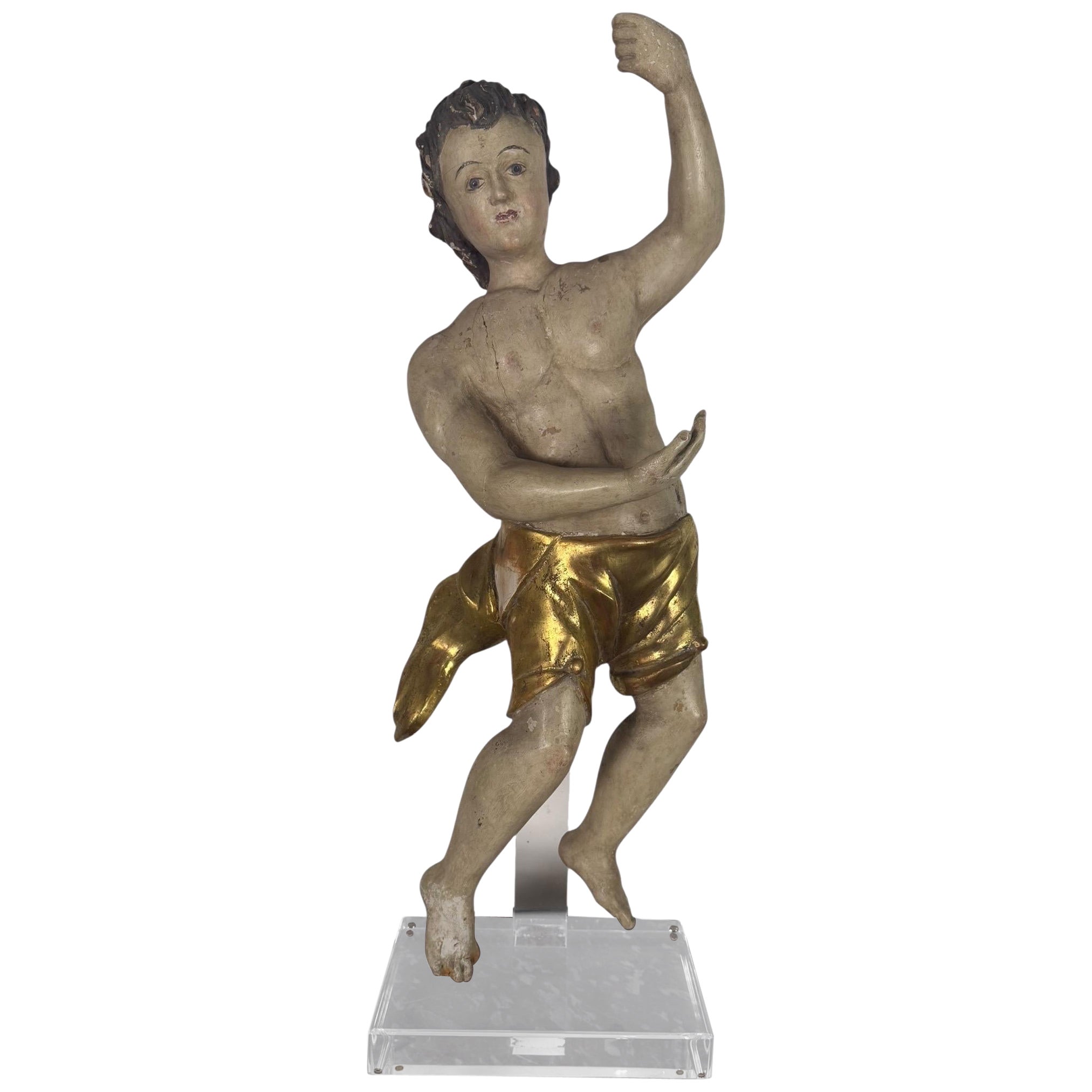 19th Century Carved Polychrome and Giltwood Statue of a Putti For Sale